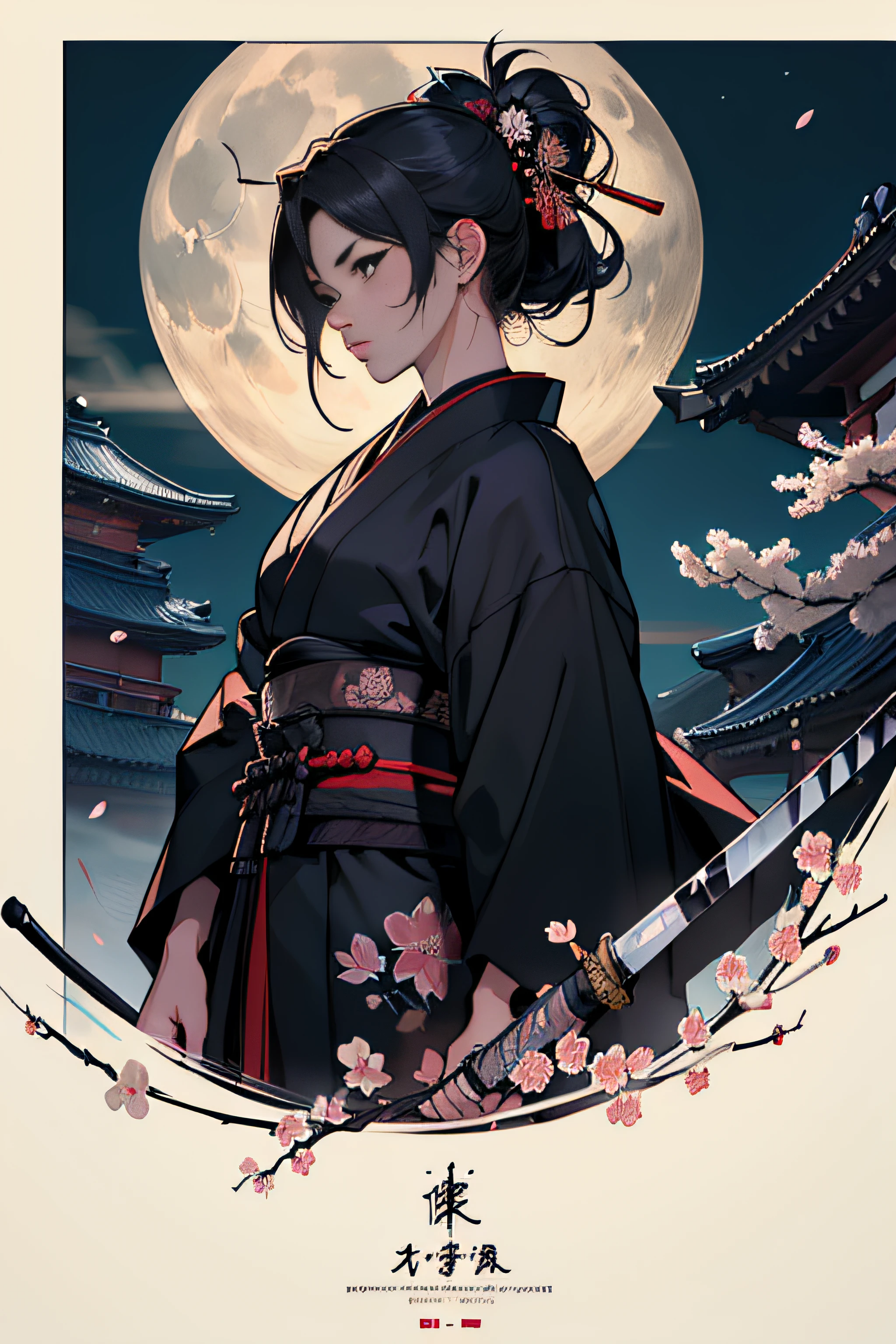 (Masterpiece, Best Quality), 8k Wallpaper, highly detailed, sexy female ronin, samurai, cherry blossom flowers border, japanese tattoos,  katana, japan, night, moonlight, vector style art, erotic, movie poster style, lettering.