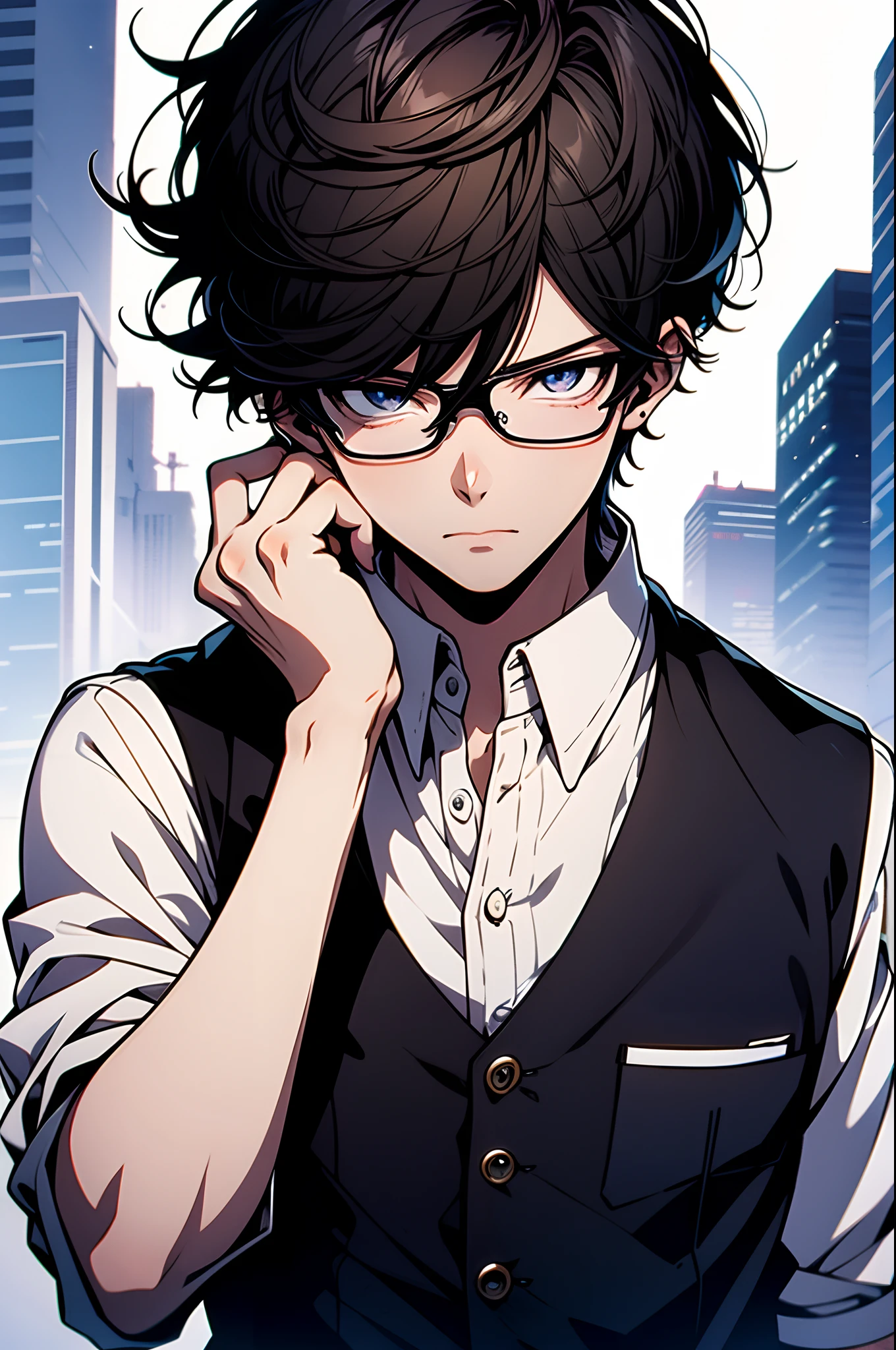 Handsome Anime boy, black curly hair, glasses, black vest, toned muscles, trying to think, hand on his chin, (1boy), high quality, Anime style
