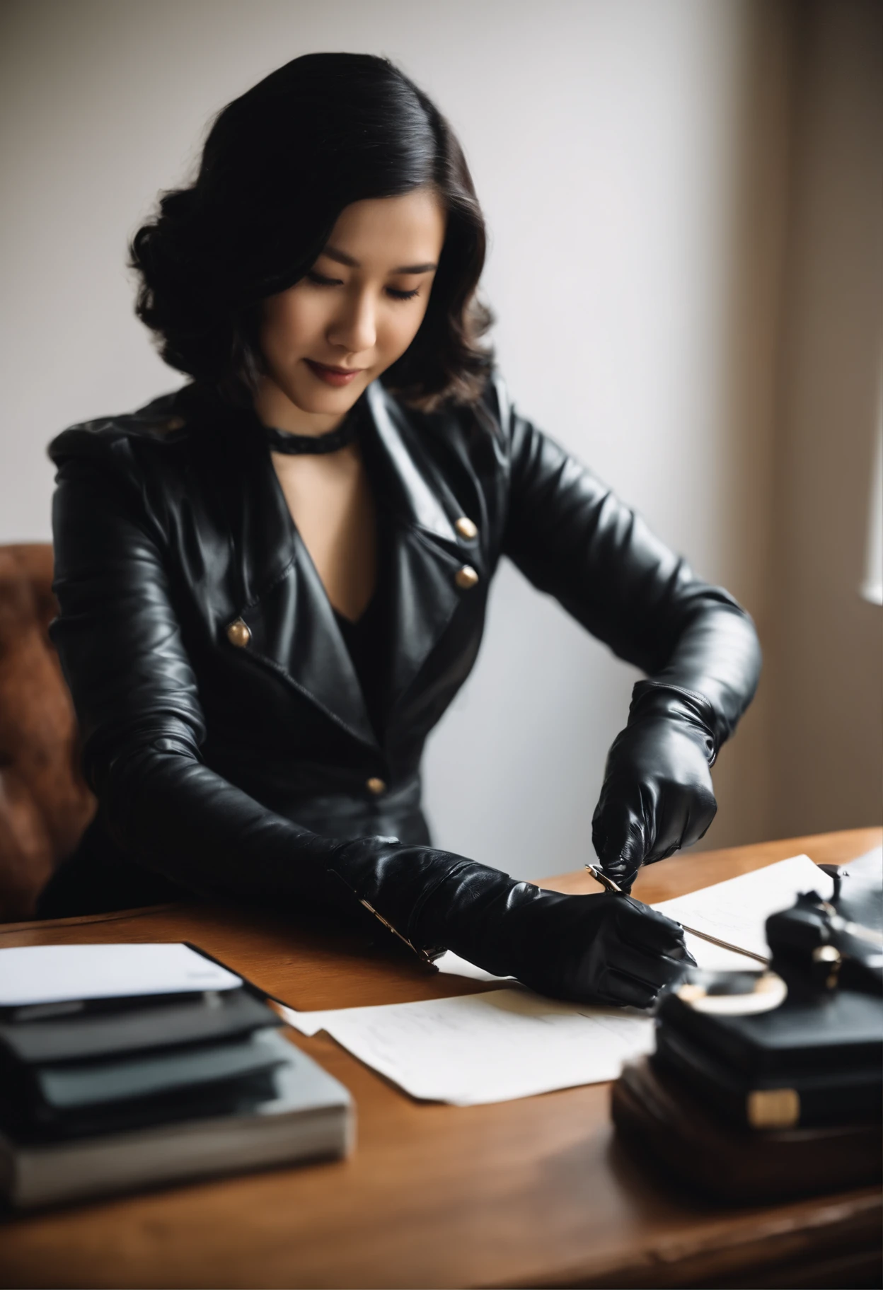 Wearing black leather gloves on both hands, Upper body, Black leather riders jacket, Facing the desk in the study, Look down and smile, Use a fountain pen to write a letter, Black hair long straight, Young japanese lady (Black leather gloves cover both hands)