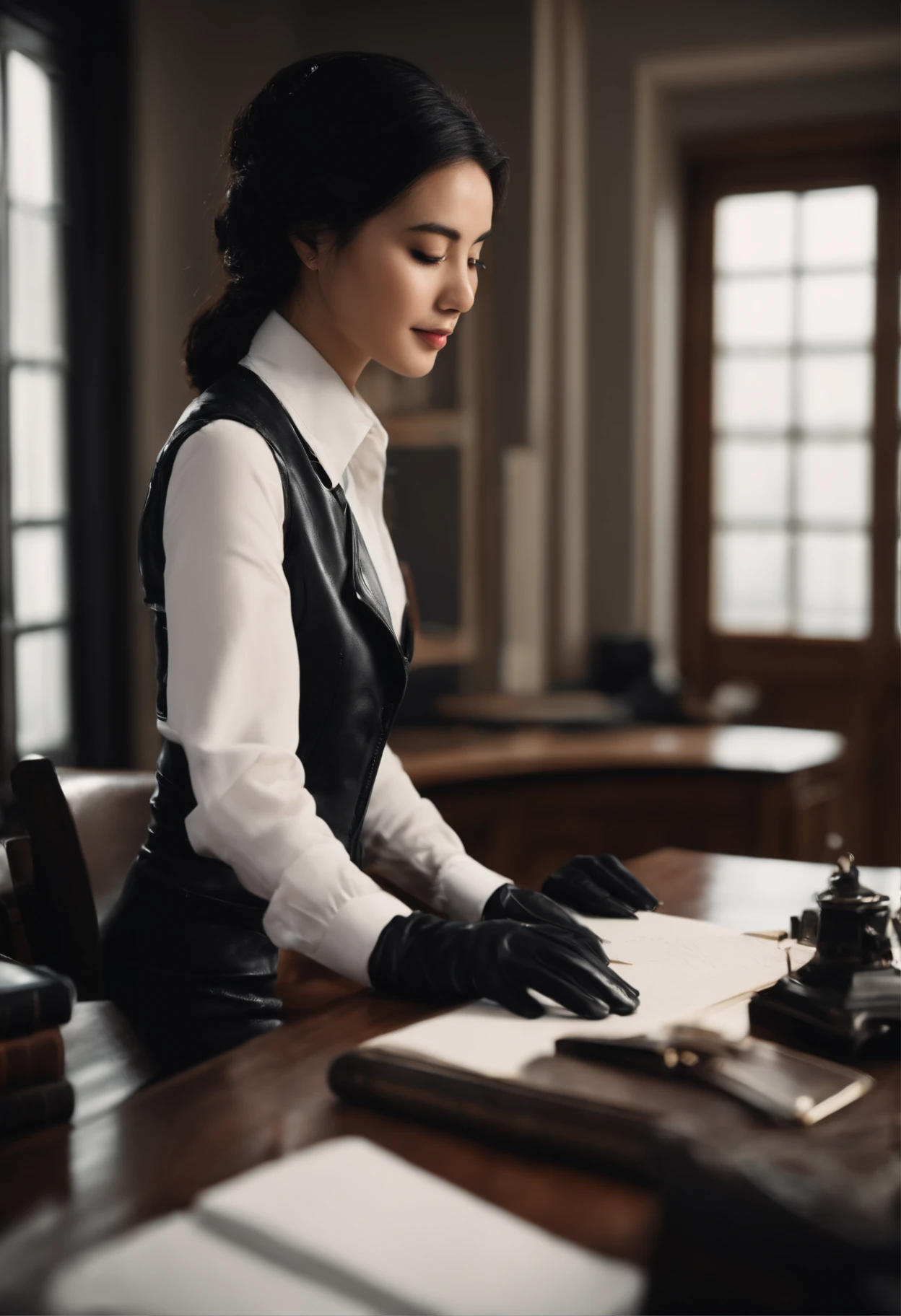 Wearing black leather gloves on both hands, Upper body, Black leather riders jacket, Facing the desk in the study, Look down and smile, Use a fountain pen to write a letter, Black hair long straight, Young japanese lady (Black leather gloves cover both hands)