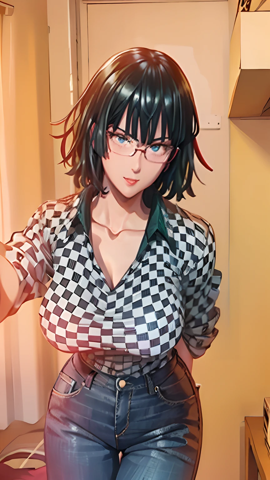 mature women,milf,large breast,beautiful face,long hair, shiny hair, green eyes,high detailed,black hair, hair over one eye,masterpiece,perfect anatomy,cleveage,White Shirt,open shirt, Black Skirt, Office Lady,sexy smile,glasses,dynamic pose,red lips,blushing,
