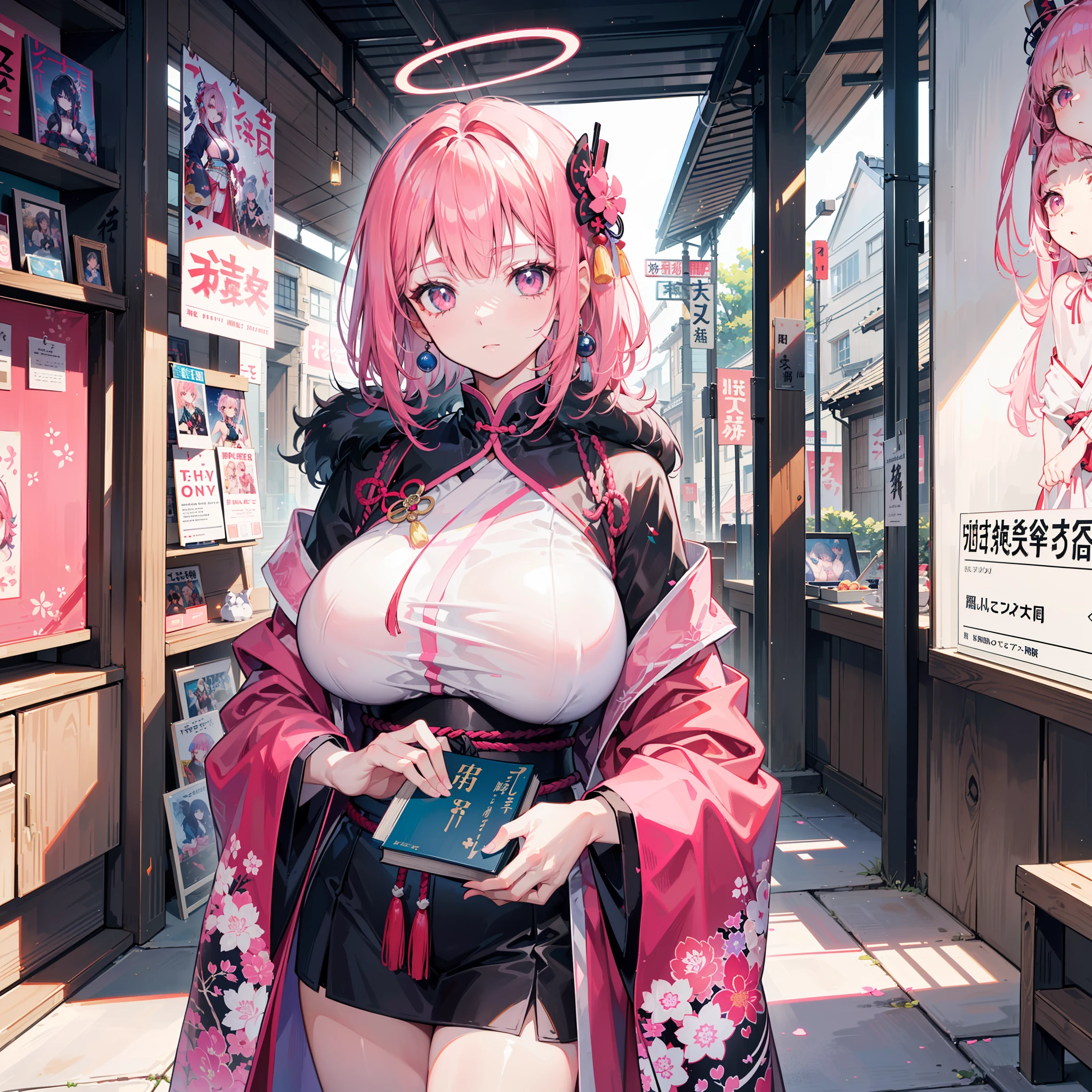 ((Aim for a《momotarou》The protagonist of this story acts as a character based on the design of the book:1.3)),(In terms of clothing design, It refers to the Japanese ronin samurai,Wear a magenta haori coat:1.3),(There is a pink halo on the back of the head:1.3),Looks tall,Game booth art,character close up,1girl,Solo,pink hair,Huge breasts,(Height:179 cm),teens girl