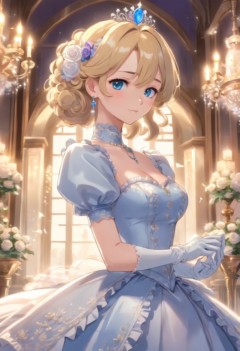 Best quality, Masterpiece, a stunningly beautiful Greer Grammer as a royal bride wearing a stately and elaborate royal wedding dress of white satin and tulle adorned with huge ribbon bows, lace, frills, flounces, embroidery and jewels, with enormous puffed sleeves, an hourglass waist and a voluminous crinoline hoopskirt, bustle, and train, long white gloves, pearl necklace and earrings, elaborately curled and styled hair