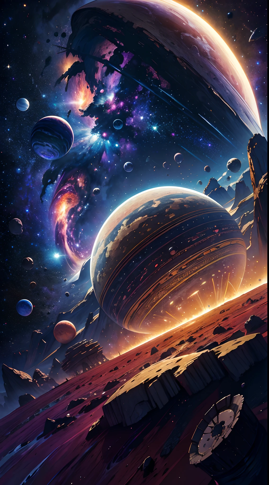 (masteerpiece), best quality, a strange planet with a asteroid belt, terrestrial planet,asteroid belt, asteroids, cosmimc, cosmoc, deep space, stars, colorful, photorealistic, 4k, incredible, intricate, detailed, breath taking, galaxy, solar system, epic, colossal