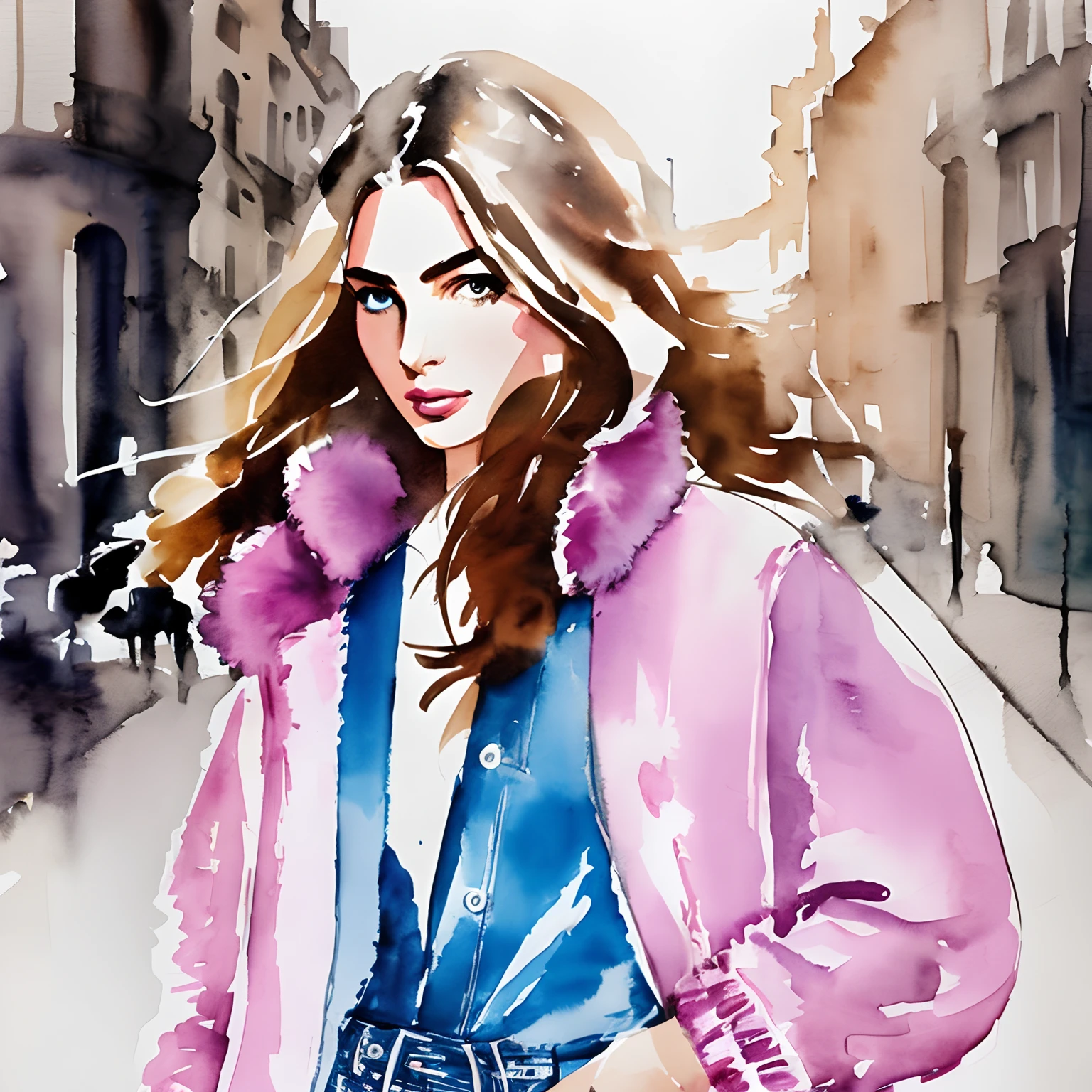 David Downton fashion illustration watercolor, light brown blonde thin hair 1woman, blue eyes, Andreea Diaconu, fluffy pink sweater, light blue trendy denim jacket, apple green tea, Paris street, lilac