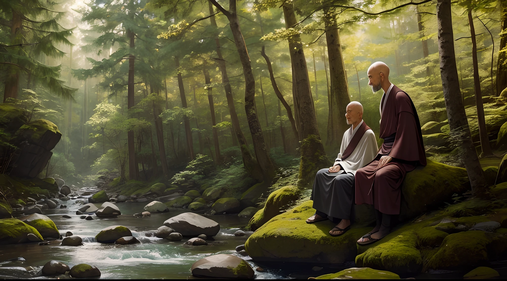 A wise zen master sitting on a big rock and his 20 years young student standing beside him with curiosity,clear nature,forest,surrounding long tree,Oil painting.