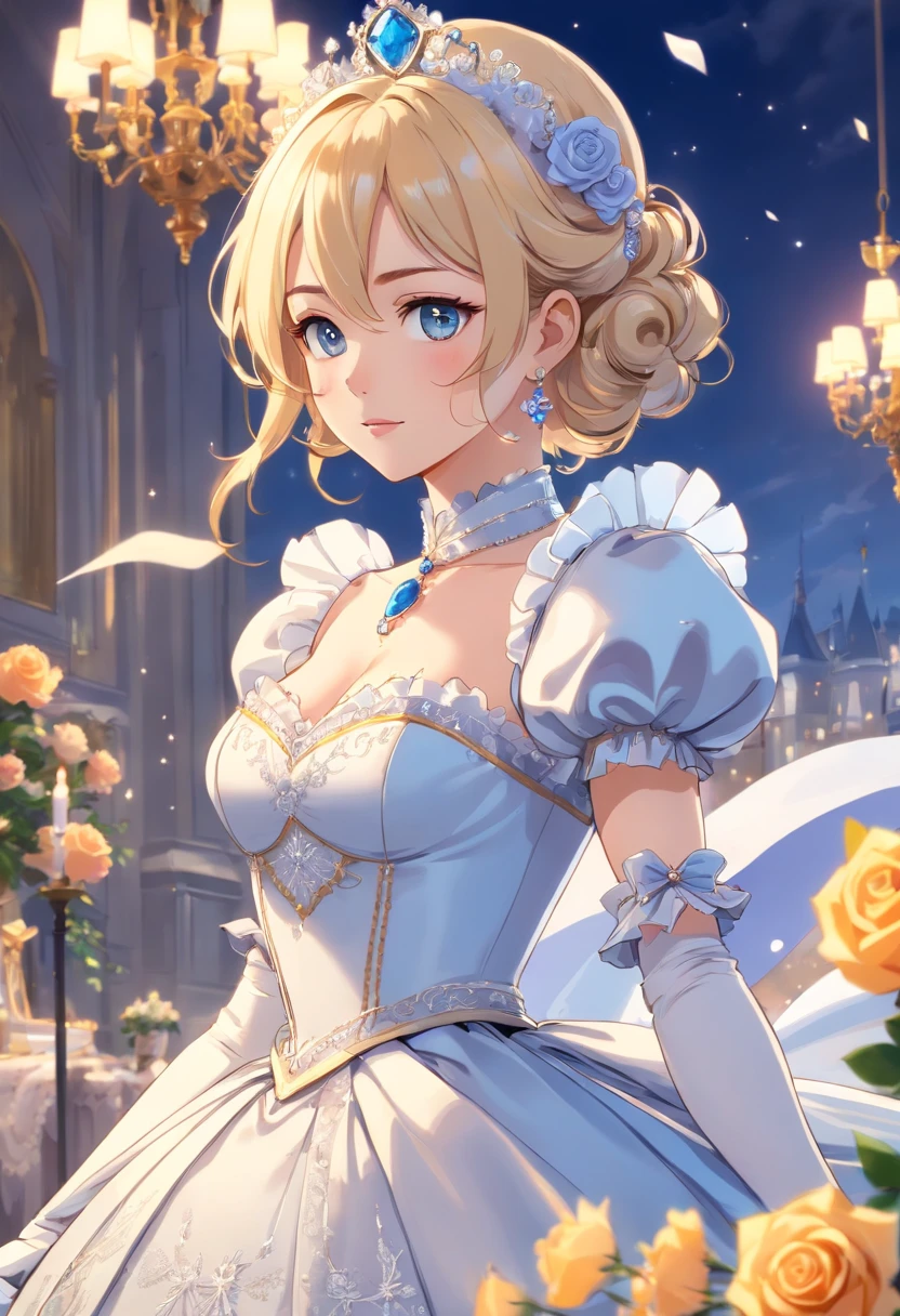A stunningly beautiful blonde fairytale Princess Greer Grammer shining with Royal Pomp and Regal Splendor, wearing a Stately and (((Elaborate))) Royal Cinderella Ballgown of Silver and White Brocade, with (((enormous puffed sleeves))) a stiffly boned, padded and corseted bodice, an hourglass waist, a (((huge crinoline hoopskirt))) and (((bustle))), adorned with ribbons, bows, roses, lace, ruffles, frills, embroidery, and jewels, elaborately curled and styled hair, long white gloves, pearl and diamond necklace and earrings