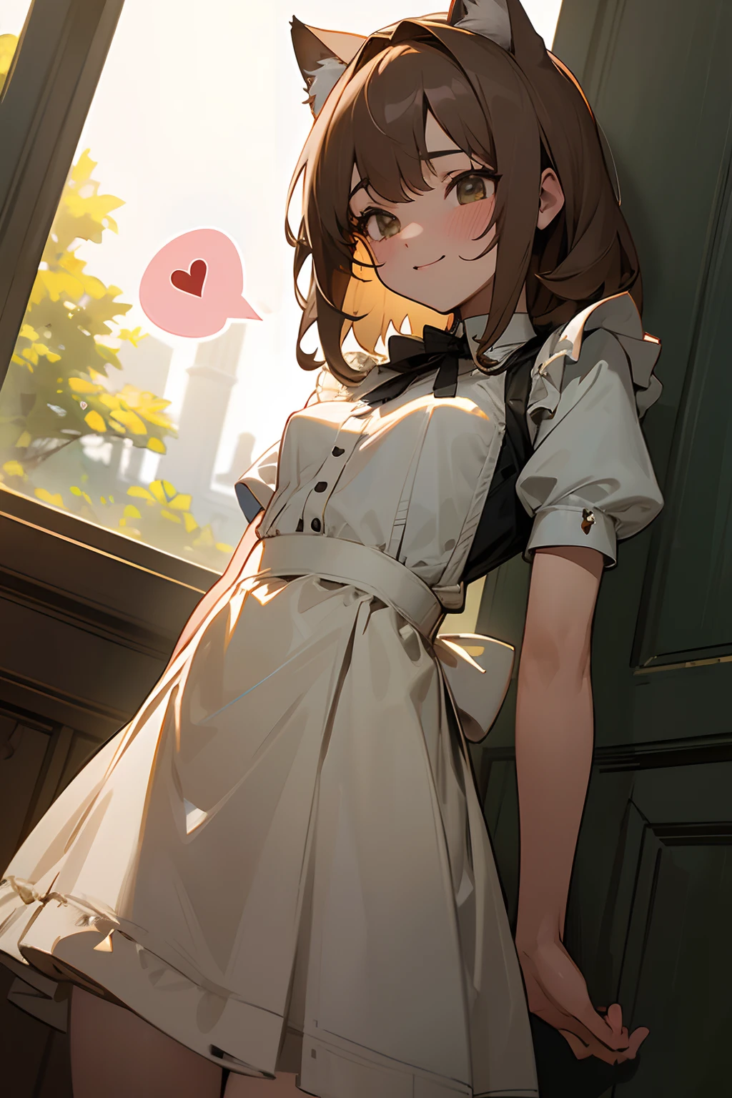 ((Masterpiece)), (High Definition:1.3), (Professional Photography:1.2), best quality, 8K, Textured skin, cinematic lighting, 1girl, from below, wide-shot, ((Spoken Hearts)), (Cute innocent teenage girl), slendar body and small breast, very messy medium hair, (Wearing cute maid uniform), blush and smile, cat ears, pale brown hair, model posing in the ragged ruin garden, autumn day