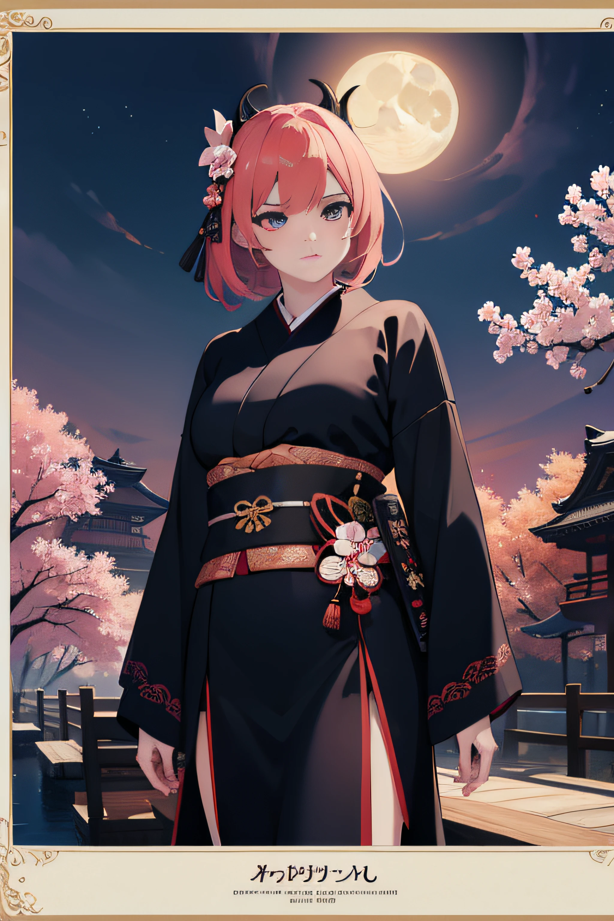 (Masterpiece, Best Quality), 8k Wallpaper, highly detailed, sexy female ronin, samurai, cherry blossom flowers border, japanese tattoos, katana, japan, night, moonlight, vector style art, erotic, movie poster style, lettering.