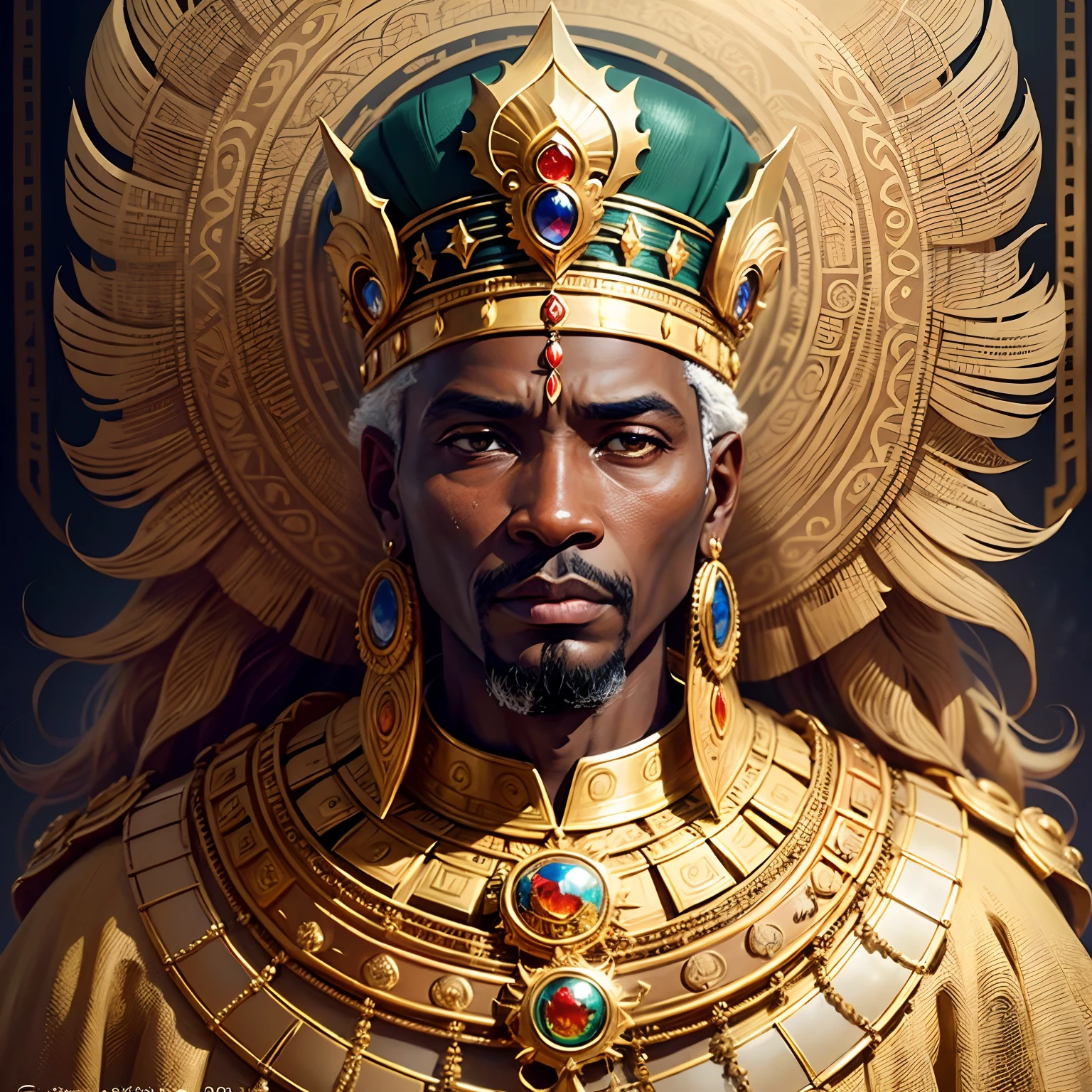 Best quality,Ultra-detailed,Realstic,(Mansa Musa, King of the Malian Empire 1400),(Portrait royal),(Gold-covered dresses),(Ornate crown),(Expression digne),(bijoux en or),(Elaborate headdress),(Toile de fond du palais),(Stature imposante),(couleurs riches),(Royal atmosphere),(Empire malien),(Richesse et pouvoir),(The greatest kings of Africa),(Affichage opulent),(Personnage historique),(Richesse et influence impressionnantes),(symbol of prosperity and greatness),(Cour royale dynamique),(Majestic presence),(Aura royale),(motifs traditionnels africains),(Order rule),(Leader influent),(Empire puissant),(Impressionnant),(Glorious reign),(patrimoine culturel),(Architecture impressionnante),(Personnage historique important),(Achievement and size),(Extensive trade routes),(Riche patrimoine culturel),(Representation of African pride and glory)