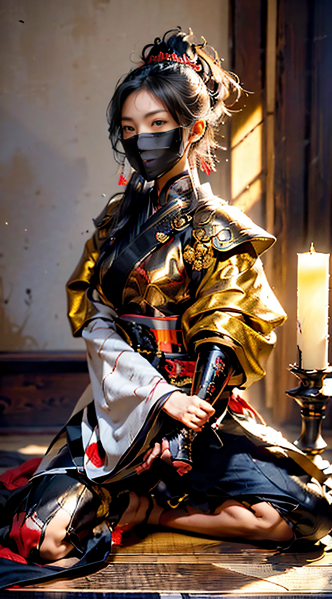 (((32k,high detal,high-detail、masterpiece,Attention to detail,full body Esbian,独奏,1teens girl))),Raw photo & realistic atmosphere,beautiful dark blue eyes,Detailed mouth,Detailed eyebrows,Shine in every detail,Eyes drawn in detail、Very beautiful eyes with azure eyes,Detailed lips、Infinite reality, ,Brave samurai of the Sengoku period, bulky17 year old beautiful girl,Female samurai of the Sengoku period of Japan,flushed,Tremendously beautiful17-year-old Sengoku samurai beauty girl,(youthfulness,Pierce sad eyes,Serious beautiful look,Armor samurai of the Sengoku period,Sengoku armor,Armor of the Warring States Period,Black shiny hair,Chonmage,showing your whole body,Detailed crisp armor,Beautiful luxurious Sengoku armor,Armoured pockets,torso,small hand,Sandals,Shoulder to shoulder,Sengoku Warlord,Sengoku Daimyo,A beautiful girl strongly influenced by Ranmaru Mori,The image of the whole body turning red and black,Beautiful face like a princess:1.6),(The whole body is wet from the rain,Red-black liquid on the face,Red-black liquid on lips,Red-black liquid in armor:1.8)