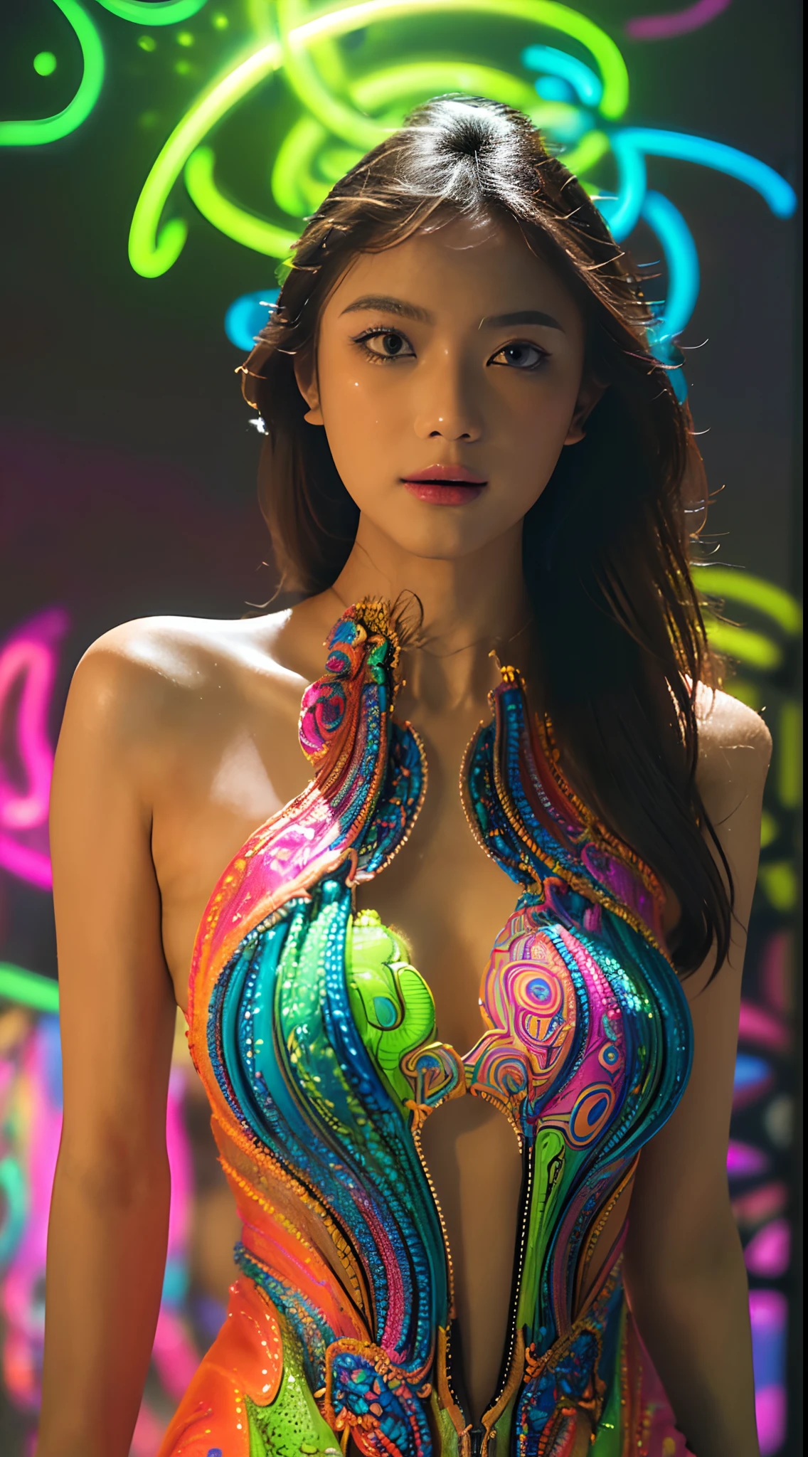 (masterpiece, top quality, best quality, official art, beautiful and aesthetic:1.2), (1girl:1.3), extremely detailed,(fractal art:1.2),colorful,highest detailed,( zentangle neon:1.2), (dynamic pose), (abstract background neon:1.5), (treditional dress:1.2), (shiny skin), (many colors:1.4), upper body ,Neon,16K,Full HD