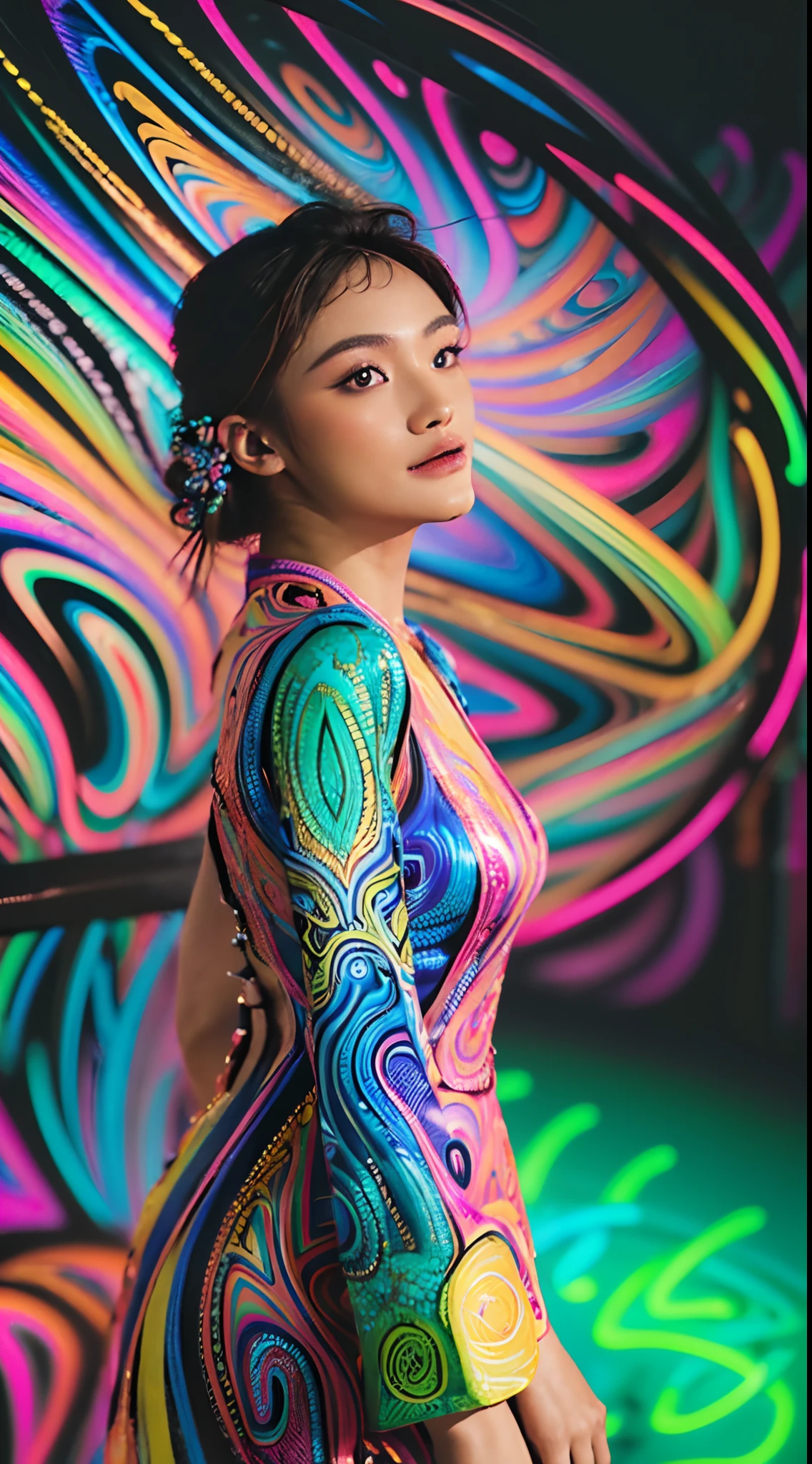 (masterpiece, top quality, best quality, official art, beautiful and aesthetic:1.2), (1girl:1.3), extremely detailed,(fractal art:1.2),colorful,highest detailed,( zentangle neon:1.2), (dynamic pose), (abstract background neon:1.5), (treditional dress:1.2), (shiny skin), (many colors:1.4), upper body ,Neon,16K,Full HD