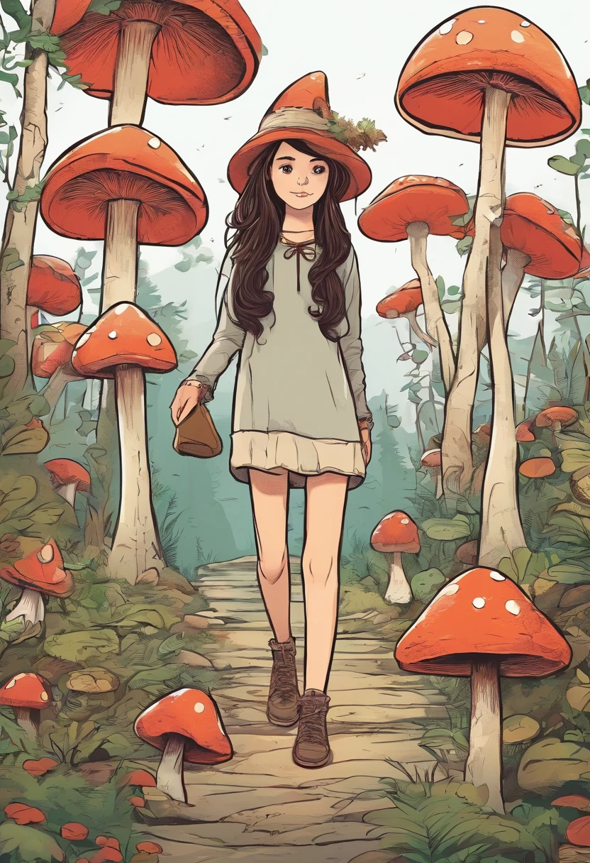 A little thin Baskir 12 year old girl with long dark hair and slating eyes walking in a forest with a little cute mushroom, sticker style