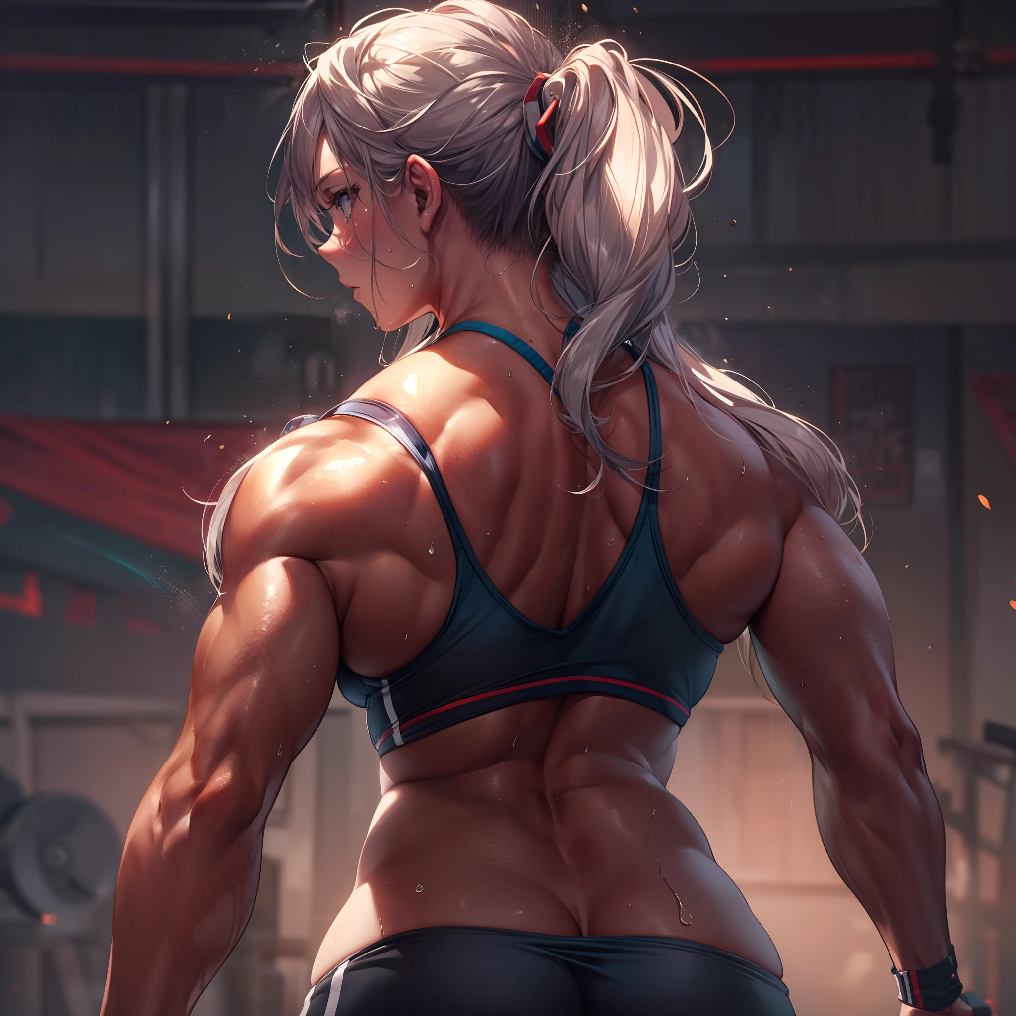 (anime artstyle, Masterpiece, Best Quality, Super Detail:1.1), female character, well-developed latissimus dorsi muscles, back strength, athletic physique, powerful posture, defined musculature, sculpted form, graceful lines, symmetrical composition, strong shoulders, broad back, impressive muscle definition, intricate details, realistic lighting, dynamic brushstrokes, vibrant colors, intense shadows, captivating presence, fierce determination, inner strength, dedication, hard work, fitness attire, gym setting, weightlifting equipment, sweat glistening, focused expression, intense concentration, confident stance, inspiring energy, celebration of physical prowess, admiration for female strength, body positivity, self-confidence, empowerment, representation of the female athletic form, appreciation of the beauty of muscularity, inspirational message, motivational atmosphere, achievement, admiration