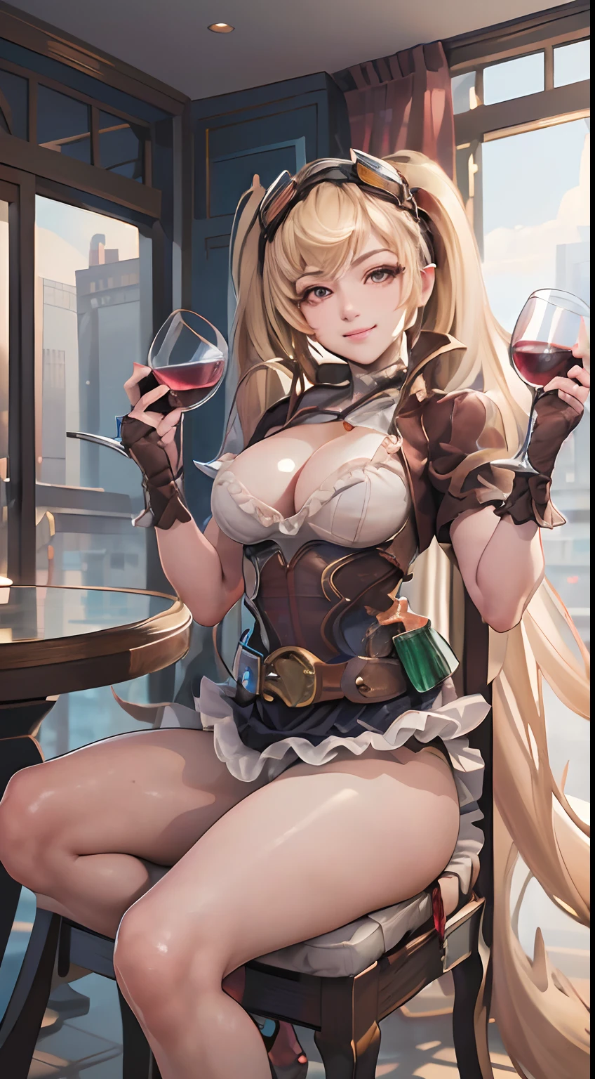 ((masterpiece,best quality)), absurdres,
Layla_ML, 
solo,  smiling, looking at viewer, cowboy shot,
modern city in background, cinematic composition, (((perfect face))), ((extreamely detailed)), (((holding a glass of wine))), (show panties), (seductive), ((( on the chair))),