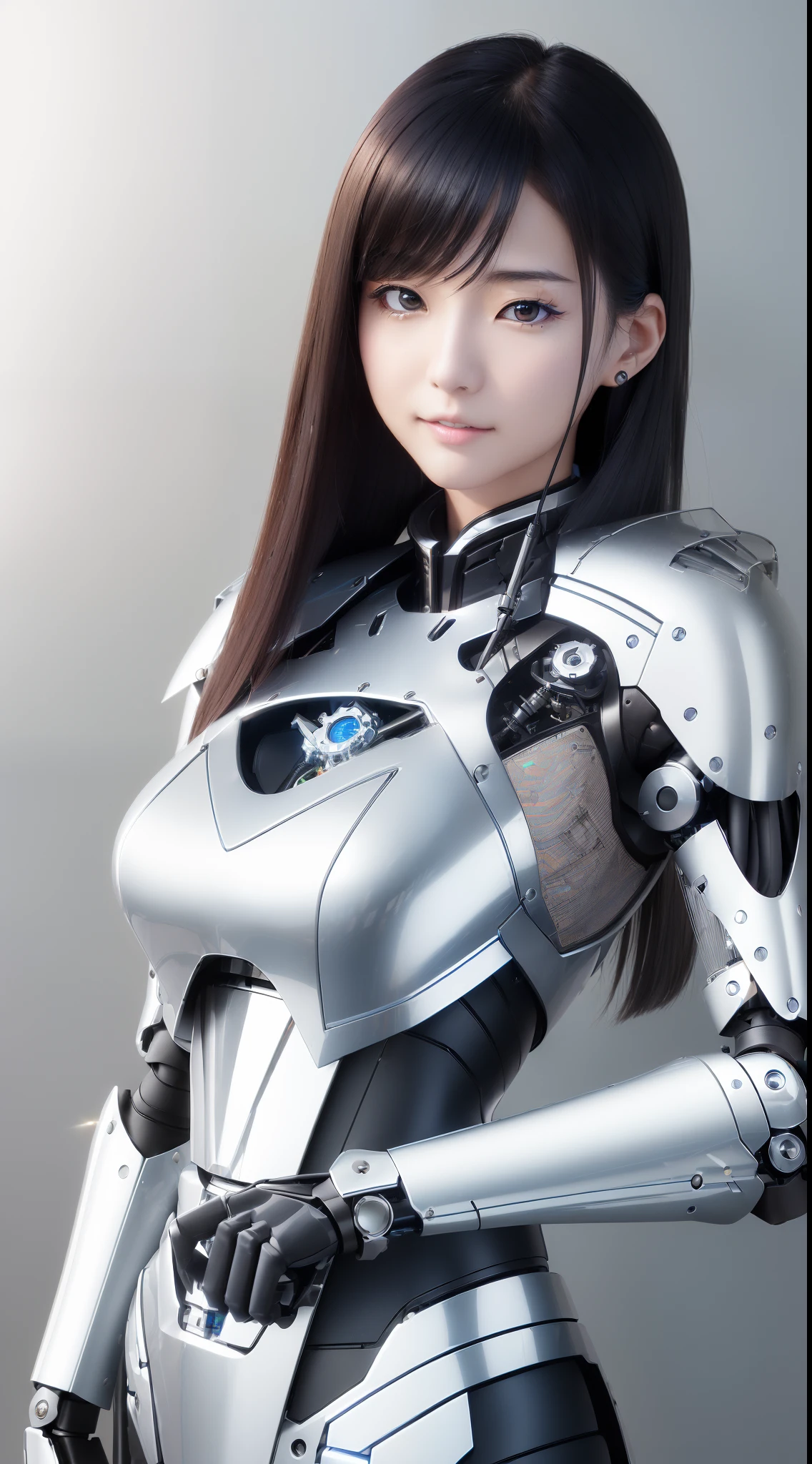 ((masutepiece)), ((top-quality), high quarity、ultra-definition, Realistic, (Ultra-fine face)、fulcolor 、scientific fiction、Beautiful robot police woman、droid、(Mechanical joints)、Machine body、((machine components))、Thick wire joints、White porcelain mechanical armor、(Curvaceous face)、thin mouth、Skin sticking machine、Metal skin、deadpan、straight haired、((Electronic substrate))、