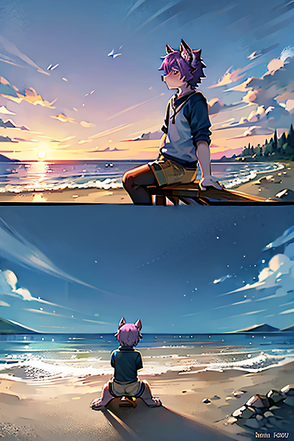 Realistic style sea view and sandy beach，Very informative，There is a sunset，The proportion of people in the picture is very small，There are two wolf boys，They are all about ten years old，About the same size，The action is sitting on the beach，Sit side by side，There are hairy ears，Look at the sea together，Wear light-colored clothing，With your back to the camera，One is purple-haired，One is gray-haired，Two are smaller proportions，The sea is relatively wide，k hd，The picture is mainly about the sea，The background is huge