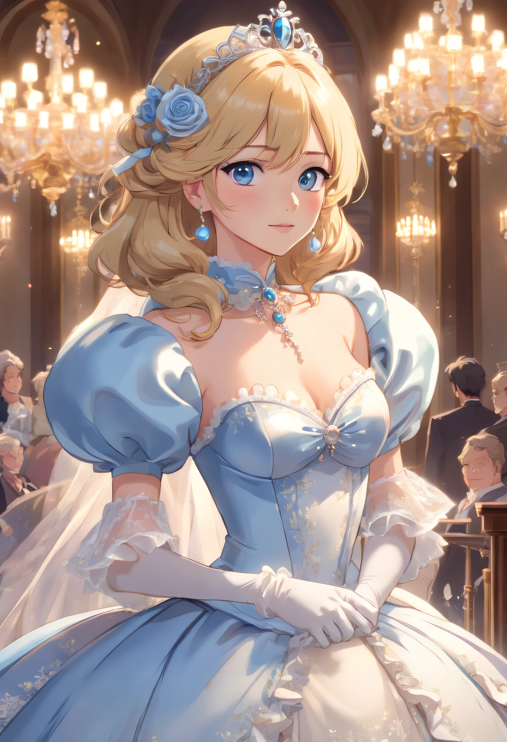 A stunningly beautiful blonde fairytale Princess Greer Grammer shining with Royal Pomp and Regal Splendor, wearing a Stately and (((Elaborate))) Royal Cinderella Ballgown of Silver and White Brocade, with (((enormous puffed sleeves))) a stiffly boned, padded and corseted bodice, an hourglass waist, a (((huge crinoline hoopskirt))) and (((bustle))), adorned with ribbons, bows, roses, lace, ruffles, frills, embroidery, and jewels, elaborately curled and styled hair, long white gloves, pearl and diamond necklace and earrings