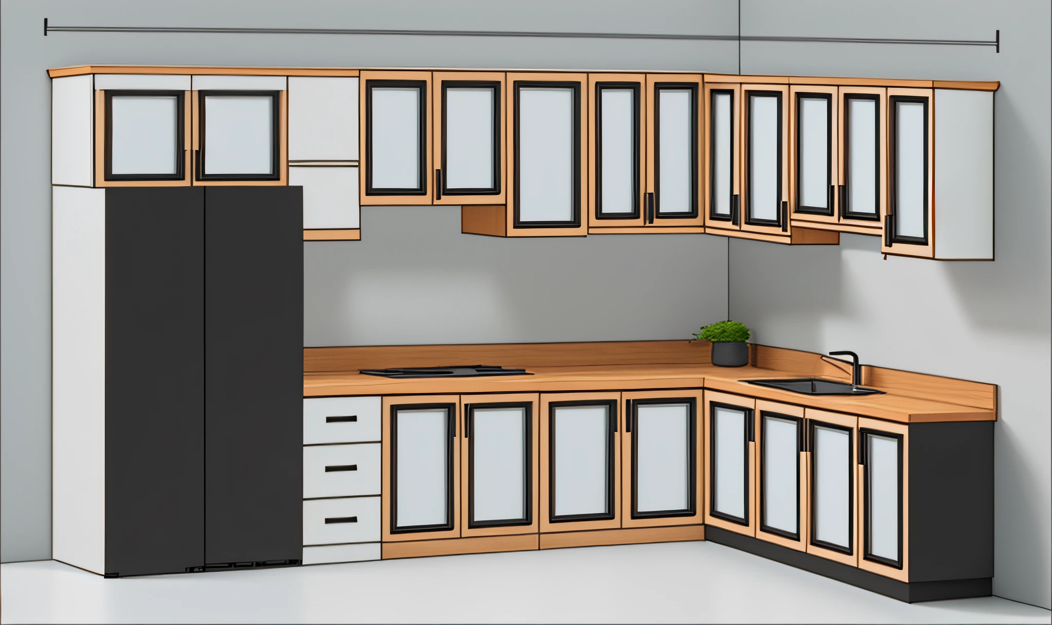 a drawing of a kitchen with a refrigerator and a sink, flat 3 d, 3 d side view, kitchen, 3d render, layout, layout design, flat 3 d design, black and white scheme, sketch - up, cad, cupboards, detailed line drawing, line-drawing, line drawn, 3 d autocad, orthographic front view, plan drawin
