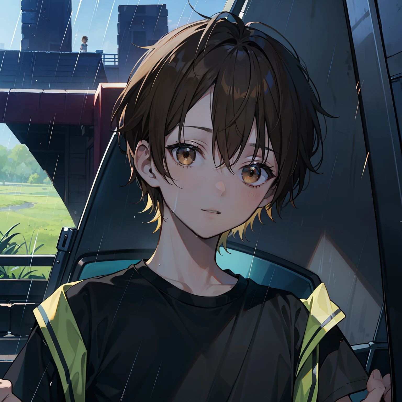 12 year old boy(Relaxed、sun beam、Kind),Short blonde hair,Light brown eyes,White T-shirt,Run in the rain,tmasterpiece,hightquality