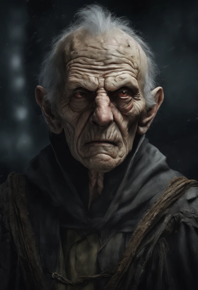 very old man, looks like a corpse, half of his face deformed, angry look, short gray hair, pale wrinkled skin, yellow pupil, hunched posture, penetrating and evil look, long black cloak, torn clothes, cloak of raven feathers on the back, left side of the body covered with bands and hood, dark place, horror, fear, scary, suspense, mysterious, horror film
