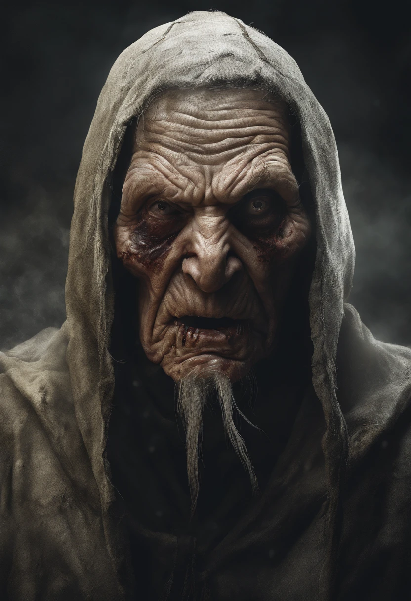 very old man, looks like a corpse, half of his face deformed, angry look, short gray hair, pale wrinkled skin, yellow pupil, hunched posture, penetrating and evil look, long black cloak, torn clothes, cloak of raven feathers on the back, left side of the body covered with bands and hood, dark place, horror, fear, scary, suspense, mysterious, horror film