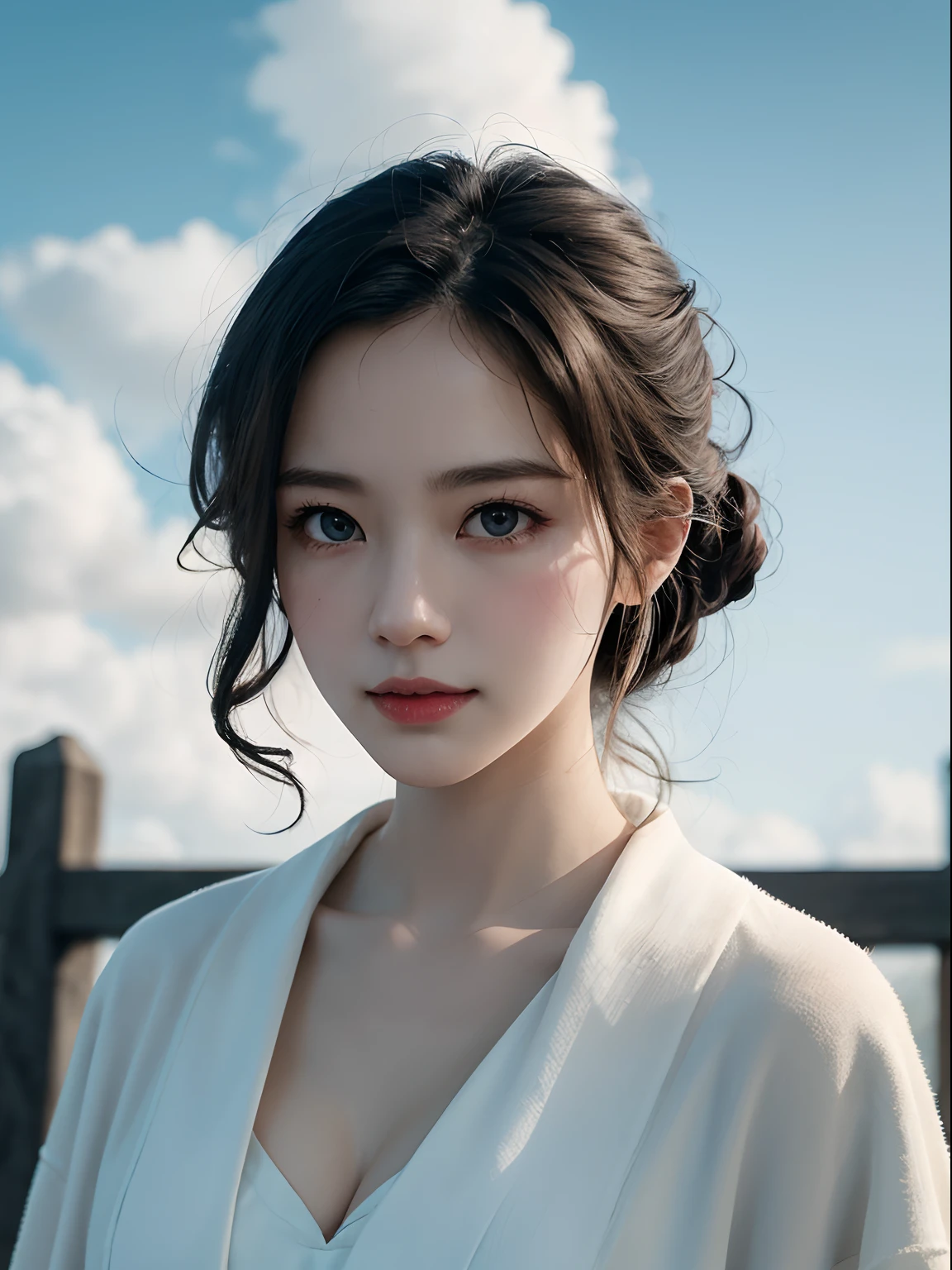 Chiaroscuro, Cinematic lighting, A high resolution, Best quality, 4K, High quality, High details, Super detail, Masterpiece，with blue sky and white clouds，youthfulness，tall nose bridge，Raised sexy，longblackhair，Girl，ssmile，adolable，robe，palaces