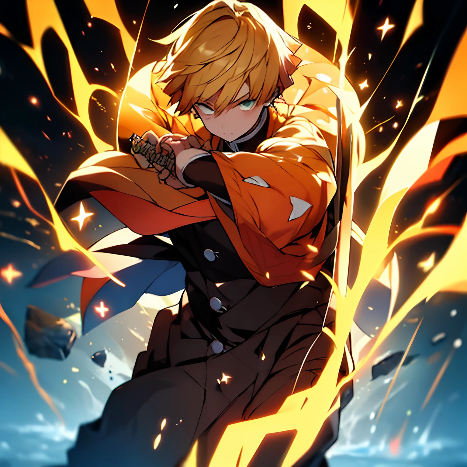 "Craft an intense 32K artwork of Zenitsu in the midst of battle, with his sword drawn and orange energy emanating from him. Utilize the style of the Stars Art Group Xing Xing for a unique visual aesthetic. Ensure every detail, from the folds in his clothing to the intensity of his gaze, is perfectly rendered using Unreal Engine's niji 5 settings."