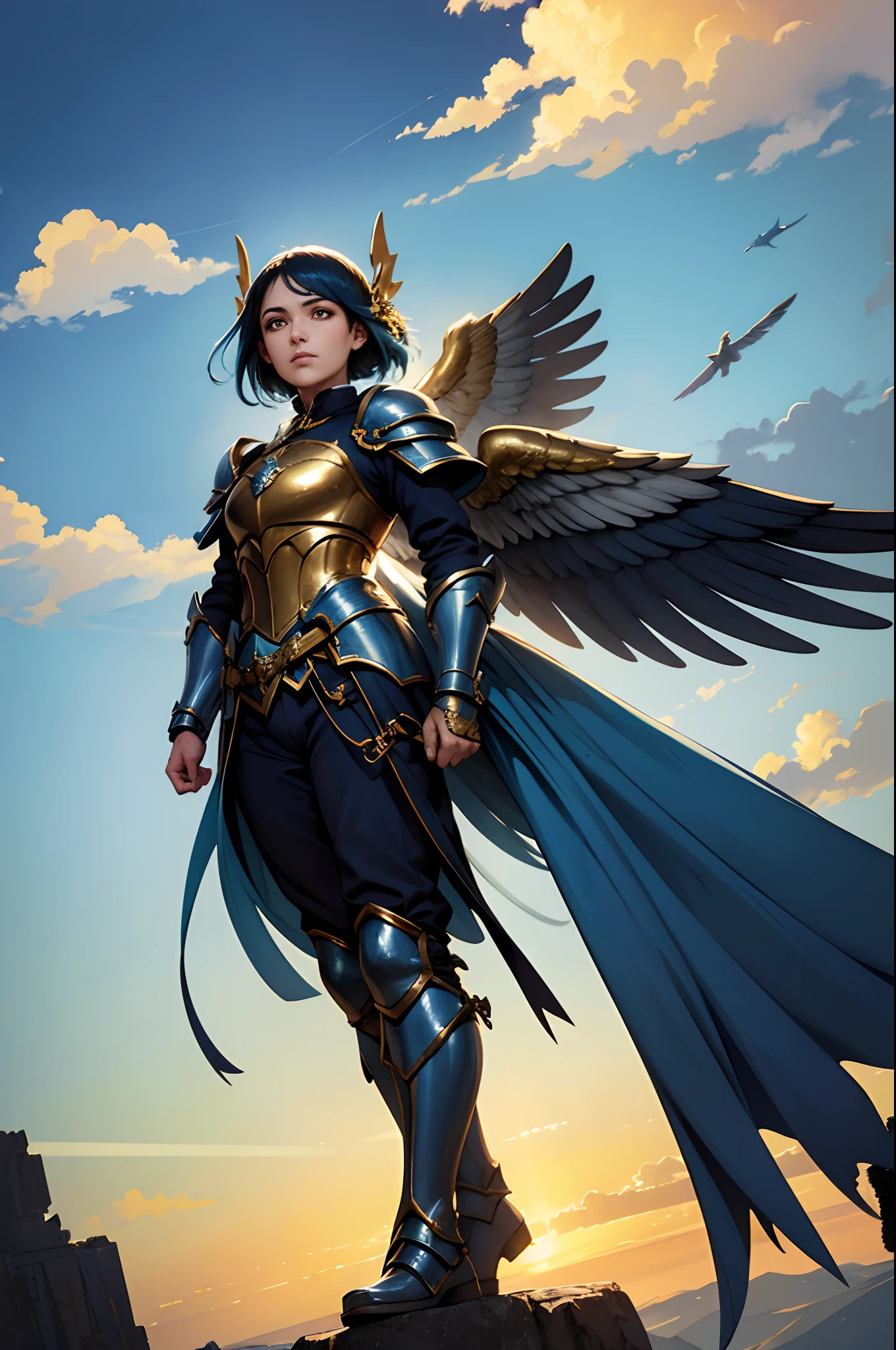 Anjo com asas longas brancas e douradas, usando um manto, Flying position, capuz, azul gelo, Golden sky with white clouds, Paramentos sagrados, Landscape, gothic armor.
