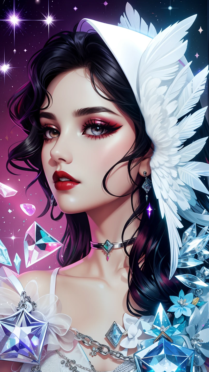 tarot card, Model: long wavy hair, full scarlet dark lips, Smoky eyes, BREAK,, Broken glass, crystals, neon lights, BREAK, Polychromatic geometric patterns,Heart, Arms and legs, BREAK, Accessories: Chrome-plated chains with torn body, Silver Choker, black feathered white black wings, Naked, Topless, naked body,BREAK,on chair, looking forward. tmasterpiece, Masterpiece quality