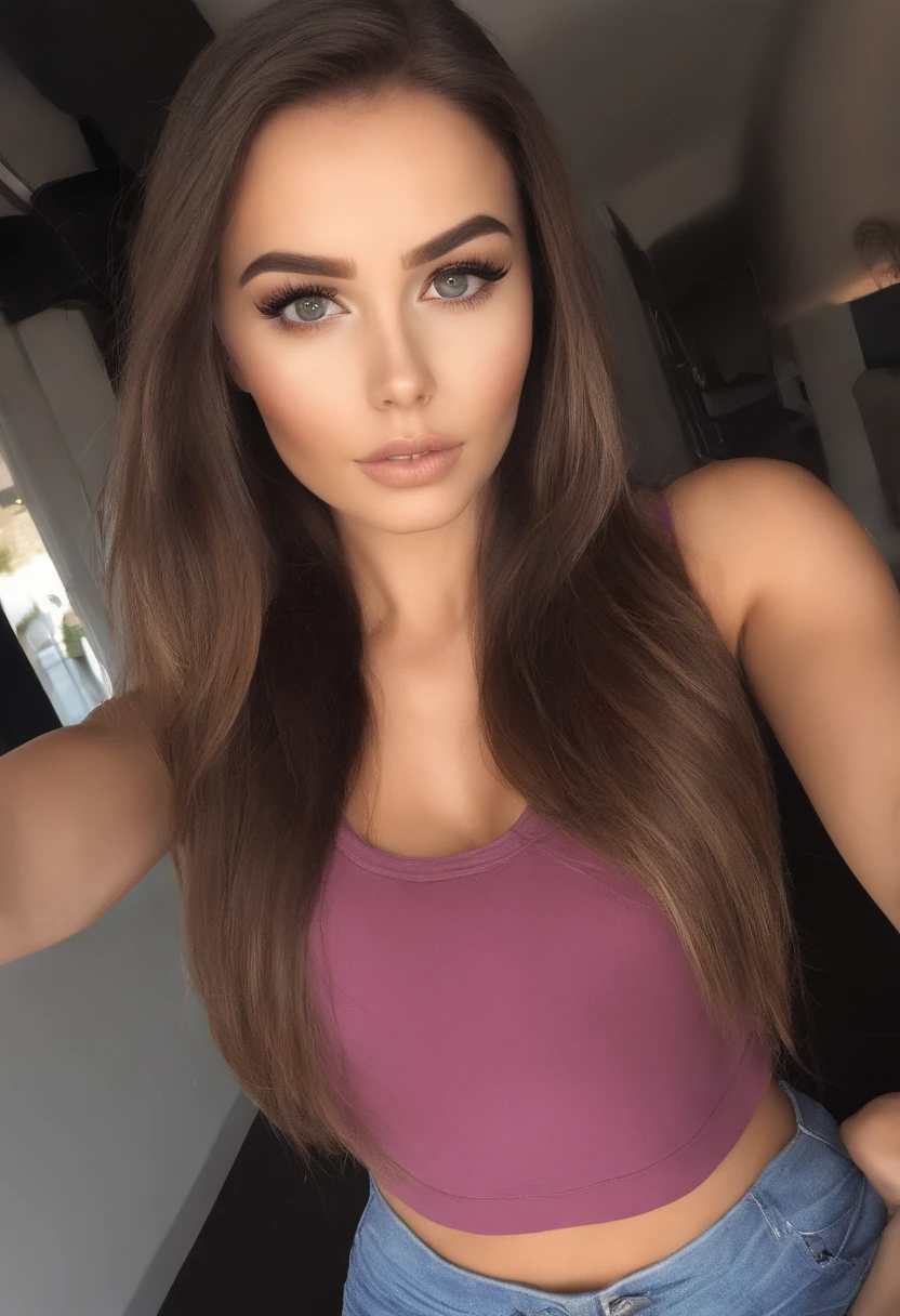 Femme , fille sexy aux yeux bruns, Portrait Sophie Mudd, cheveux bruns et grands yeux, selfie of a young woman, Yeux de chambre, Violet Myers, sans maquillage, maquillage naturel, looking straight at camera, Visage avec Artgram, Maquillage subtil, Superbe demi-corps, dans la chambre, clivage