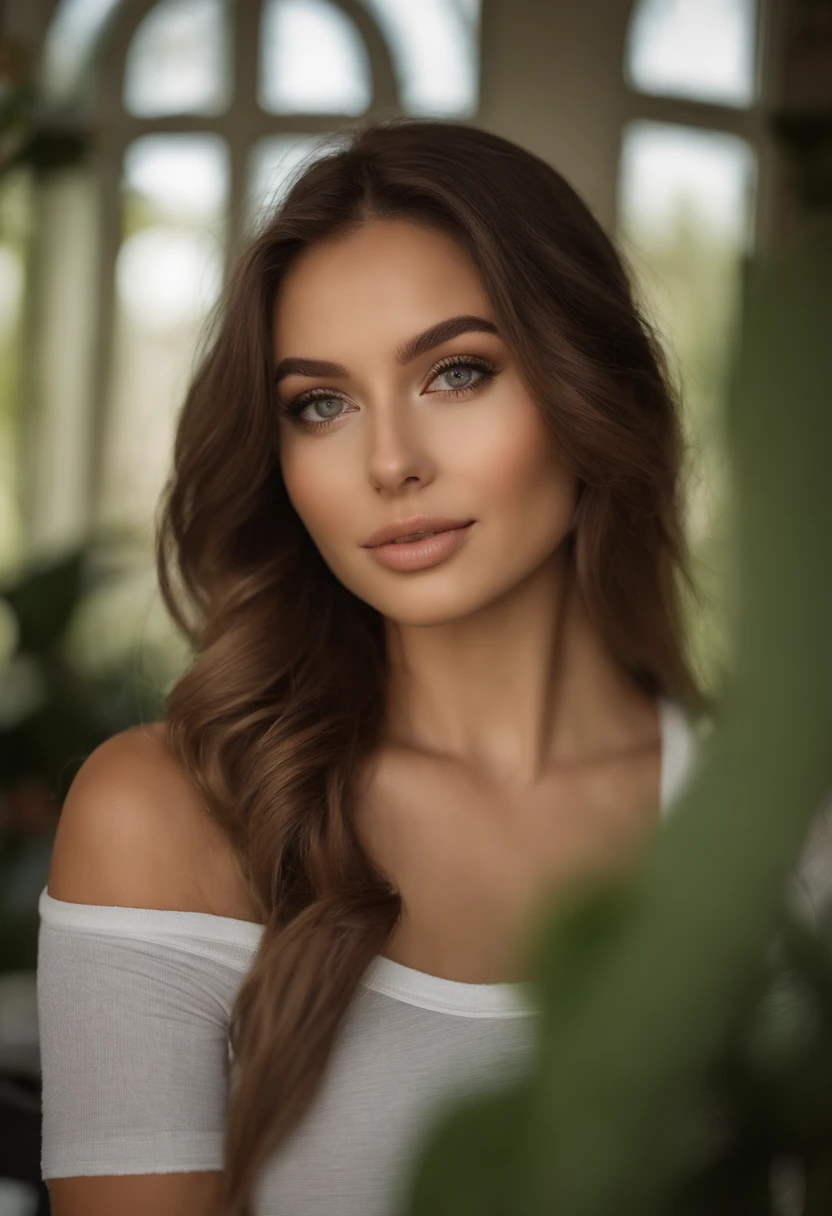 Arafed woman with tank top and matching leggings, fille sexy aux yeux bruns, Portrait Sophie Mudd, cheveux bruns et grands yeux, selfie of a young woman, Yeux de chambre, Violet Myers, sans maquillage, maquillage naturel, Turn to look at the camera, Visage avec Artgram, Maquillage subtil, Superbe photo du corps entier, au restaurant, cul sexy, fesses mignonnes,