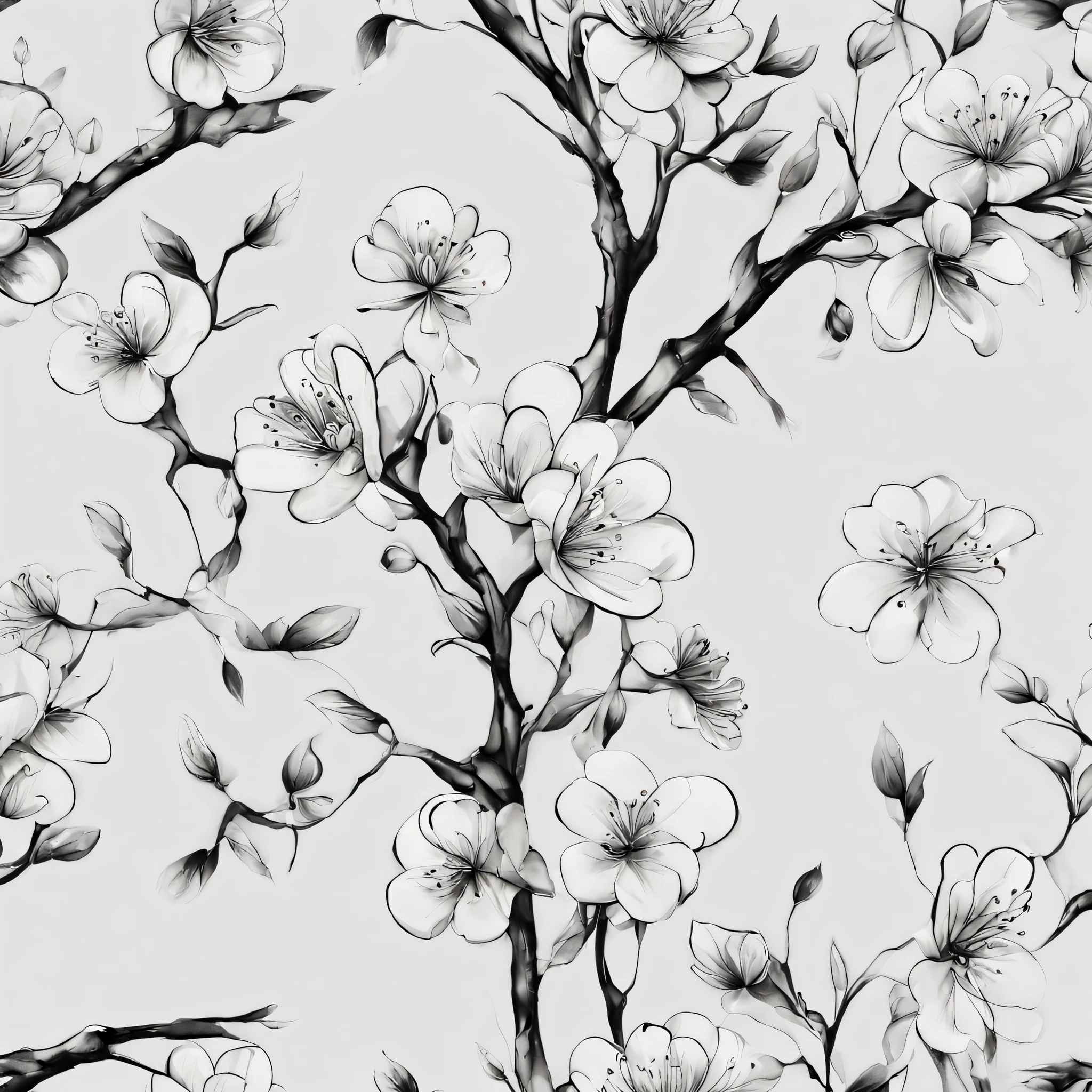 (pintura a tinta e aquarela:1.2),Backgrounid branco,Plum blossom pattern,Desenho de linhas azuis e brancas,Reasonable design,linhas claras,(linear,Mono Cor)