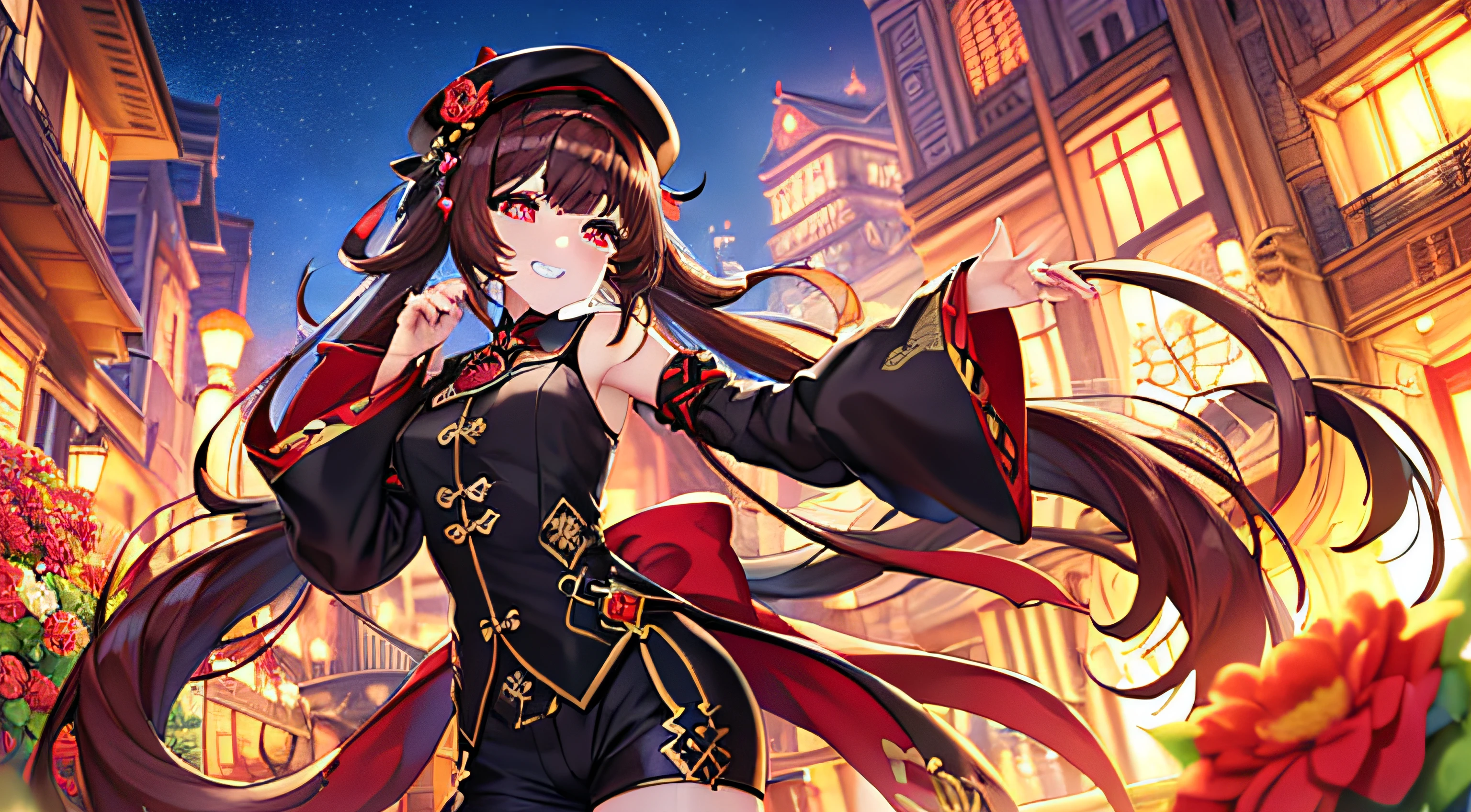 (best quality), (masterpiece), ((beautiful:0.75) cute girl:0.75), [clear and clean] pixiv (illustration), (HuTao/(GenshinImpact/)), red eyes, flower-shaped pupils, hat, long brown hair, bangs, twintails, goth clothes, black shorts, wide sleeves, grin,