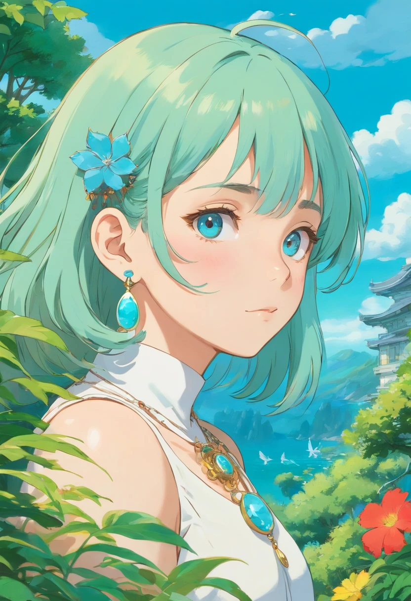 a girl wearing an anime collar, a long necklace and earrings, in the style of tranquil gardenscapes, colorful animation stills, masami teraoka, aquamarine, paul gauguin, Embry style, honest portrayal