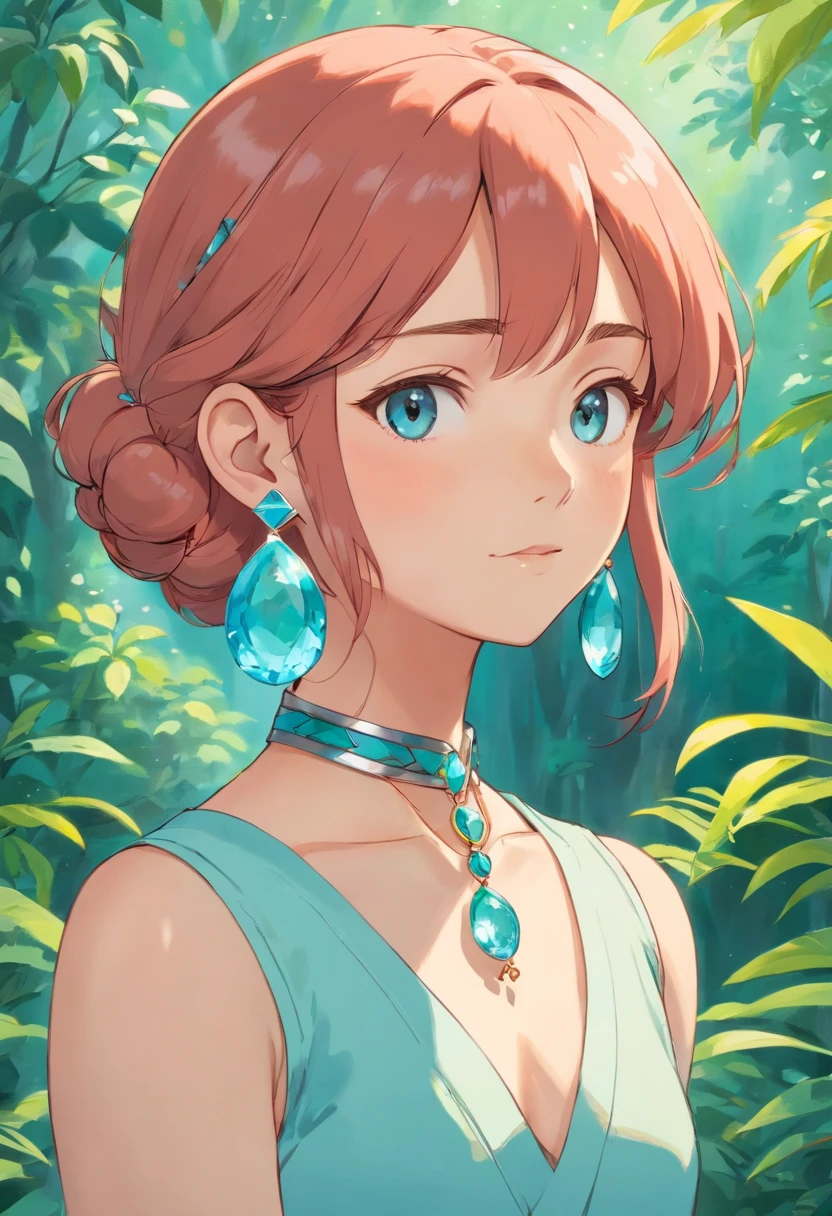 a girl wearing an anime collar, a long necklace and earrings, in the style of tranquil gardenscapes, colorful animation stills, masami teraoka, aquamarine, paul gauguin, Embry style, honest portrayal