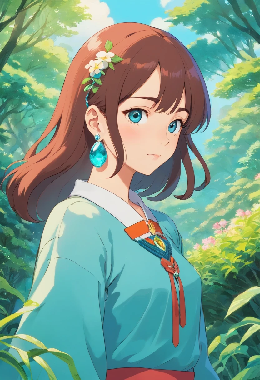 a girl wearing an anime collar, a long necklace and earrings, in the style of tranquil gardenscapes, colorful animation stills, masami teraoka, aquamarine, paul gauguin, Embry style, honest portrayal