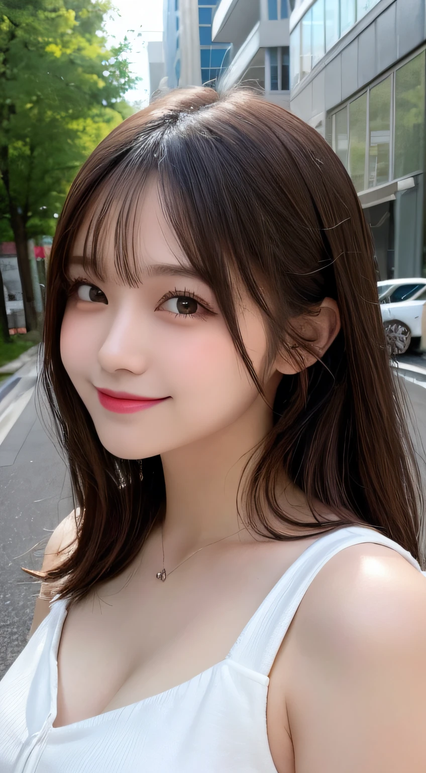 Tabletop, Highest quality, figure, Very detailed, In detail, High resolution, 8k wallpaper, Perfect dynamic composition, Beautiful attention to detail, Summer dresses in light colors,Long Hair, Natural color lip, Bold sexy pose,smile,Harajuku、20-year-old girl、Cute Face、sexy shot looking at camera