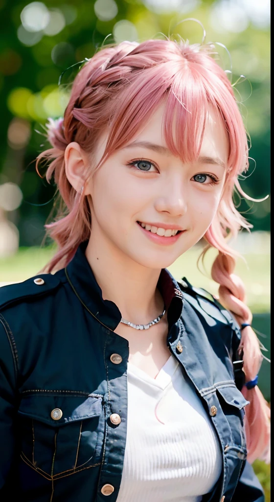 (ultra-detailliert), police uniform with、Blue eyes,cowboy shot、faces、(A smile:1.5),(facing front:1.2), 20yr old, s girl,no tail,(no tail),2D, masterpiece, top-quality, animesque, A detailed eye, A detailed face, girl with, Only 1 person,Medium hair with pink hair, (Pink hair), Ear Hair, small tits, Single braid, (Single braid), (Side braid), Background bokeh