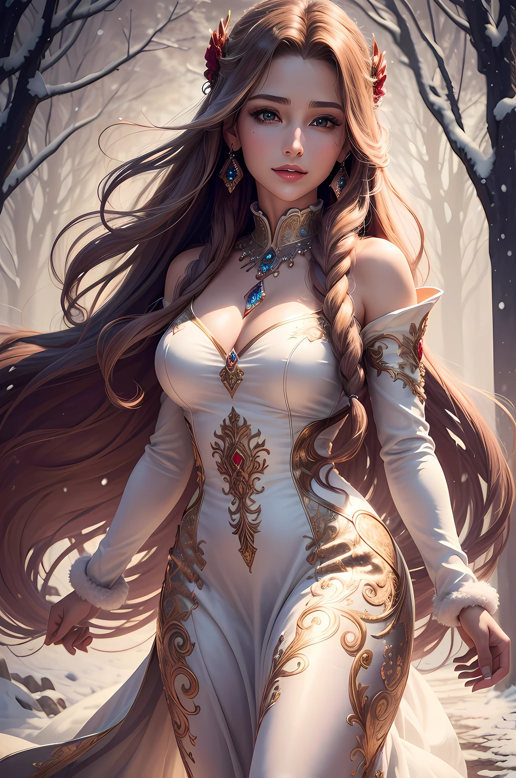 (highres, ultra-detailed, realistic:1.37), aerith, final fantasy, beautiful body, beautiful detailed eyes, detail-oriented nose, luscious red lips, long flowing hair, radiant smile, royal attire, intricate jewelry, graceful pose, enchanting expression, majestic forrest in the background, vibrant colors, soft lighting, regal atmosphere, atmospheric perspective, stunning landscape, floating clouds, magical aura, timeless beauty, intricate patterns, ethereal ambiance, striking contrast, dreamlike quality, cinematic composition, short dress with fur, snow fall
