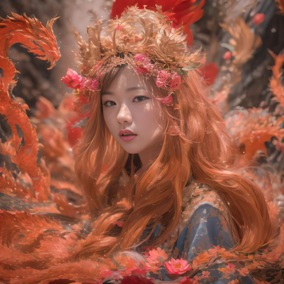 Full body 32K(tmasterpiece,k hd,hyper HD,32K)Large curls,(abstract ink splash:1.2)Flowing rouge,ponds,zydink, a color, Asian people (faeries), (Silk scarf), Combat posture, looking at the ground, Large rolls of rouge, Flowing rouge curls,Red onyx emerald emerald headdress, Chinese long-sleeved black gold garment, (abstract ink splash:1.2), Pink lotus background,Water lily flower protector(realisticlying:1.4),Rouge hair,Autumn is in full swing,The background is pure, A high resolution, the detail, RAW photogr, Sharp Re, Nikon D850 Film Stock Photo by Jefferies Lee 4 Kodak Portra 400 Camera F1.6 shots, Rich colors, ultra-realistic vivid textures, Dramatic lighting, Unreal Engine Art Station Trend, cinestir 800,Large curls,Flowing rouge