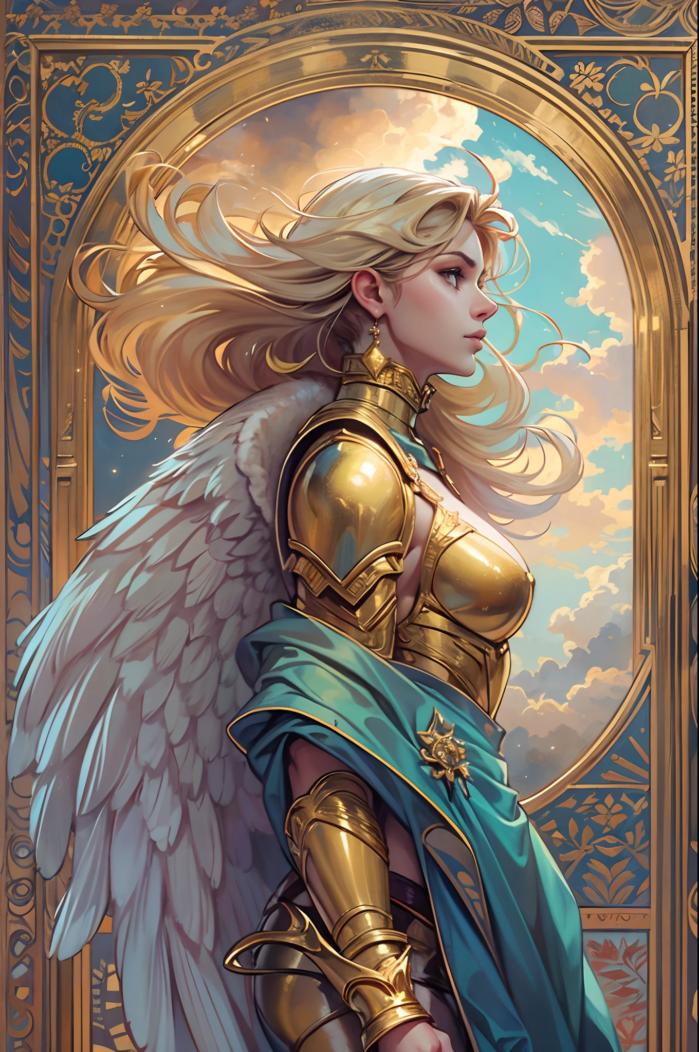 An angel wearing clothes in the petrol color, cloudy sky, nouveau, manto, capuz, luz solar, Golden armor and petrol color, magnifica, lindo, magica, celestial, cabelo longo, moldura de quadro.