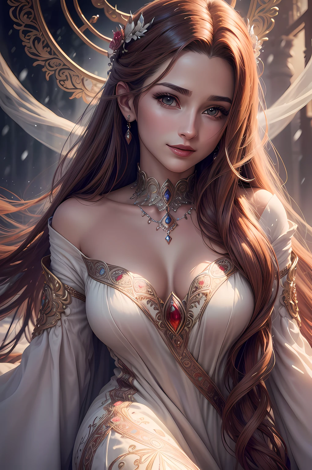 (highres, ultra-detailed, realistic:1.37), aerith, final fantasy, beautiful body, beautiful detailed eyes, detail-oriented nose, luscious red lips, long flowing hair, radiant smile, royal attire, intricate jewelry, graceful pose, enchanting expression, majestic forrest in the background, vibrant colors, soft lighting, regal atmosphere, atmospheric perspective, stunning landscape, floating clouds, magical aura, timeless beauty, intricate patterns, ethereal ambiance, striking contrast, dreamlike quality, cinematic composition, short dress with fur, snow fall