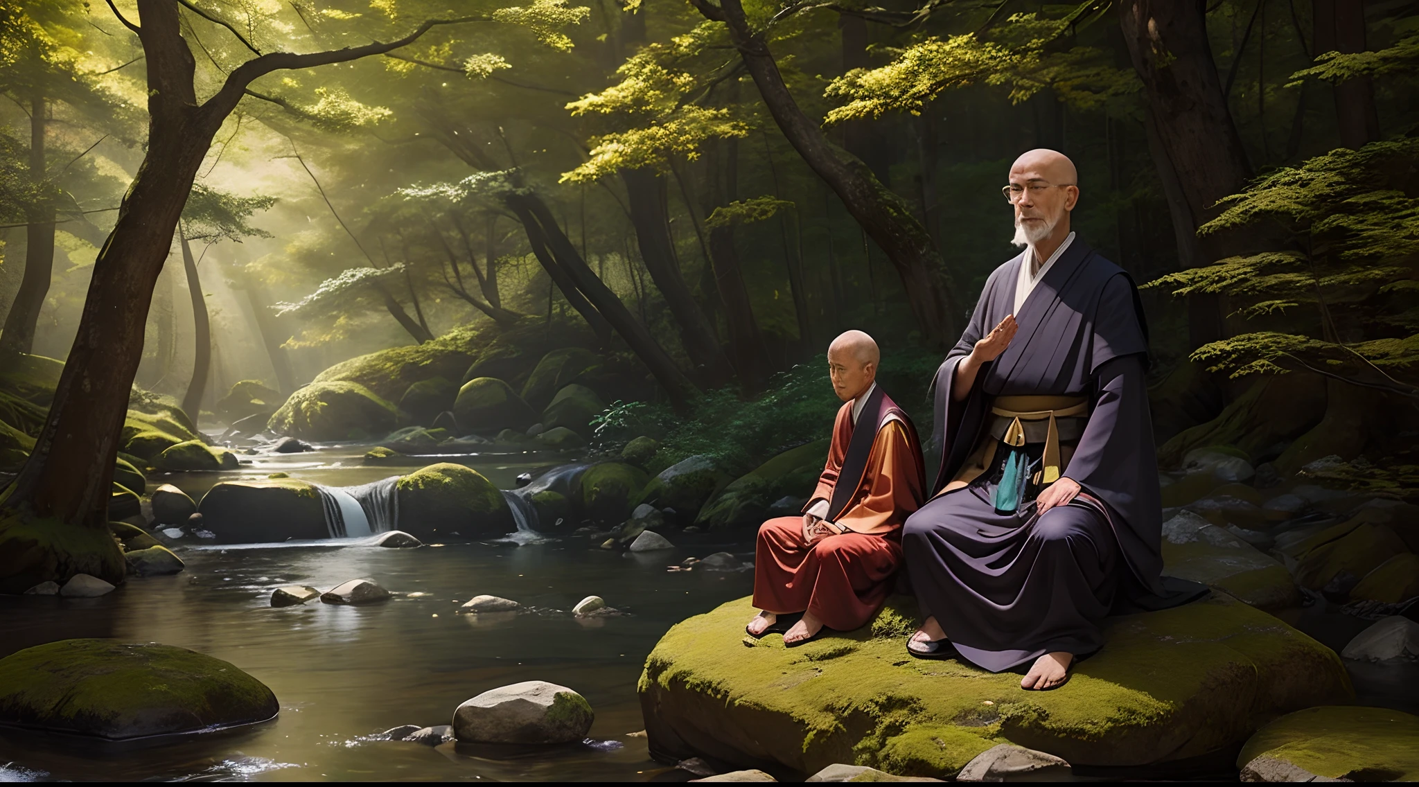A wise zen master wearing ancient dress sitting on a big rock and his 20 years young student standing him with curiosity,clear nature,forest,surrounding long tree,Oil painting.