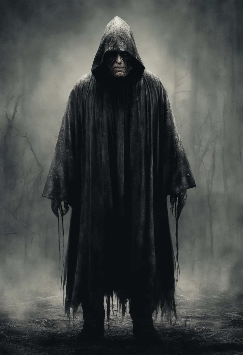 very old man, looks like a corpse, half of his face deformed, angry look, short gray hair, pale wrinkled skin, yellow pupil, hunched posture, penetrating and evil look, long black cloak, torn clothes, cloak of raven feathers on the back, left side of the body covered with bands and hood, dark place, horror, fear, scary, suspense, mysterious, horror film