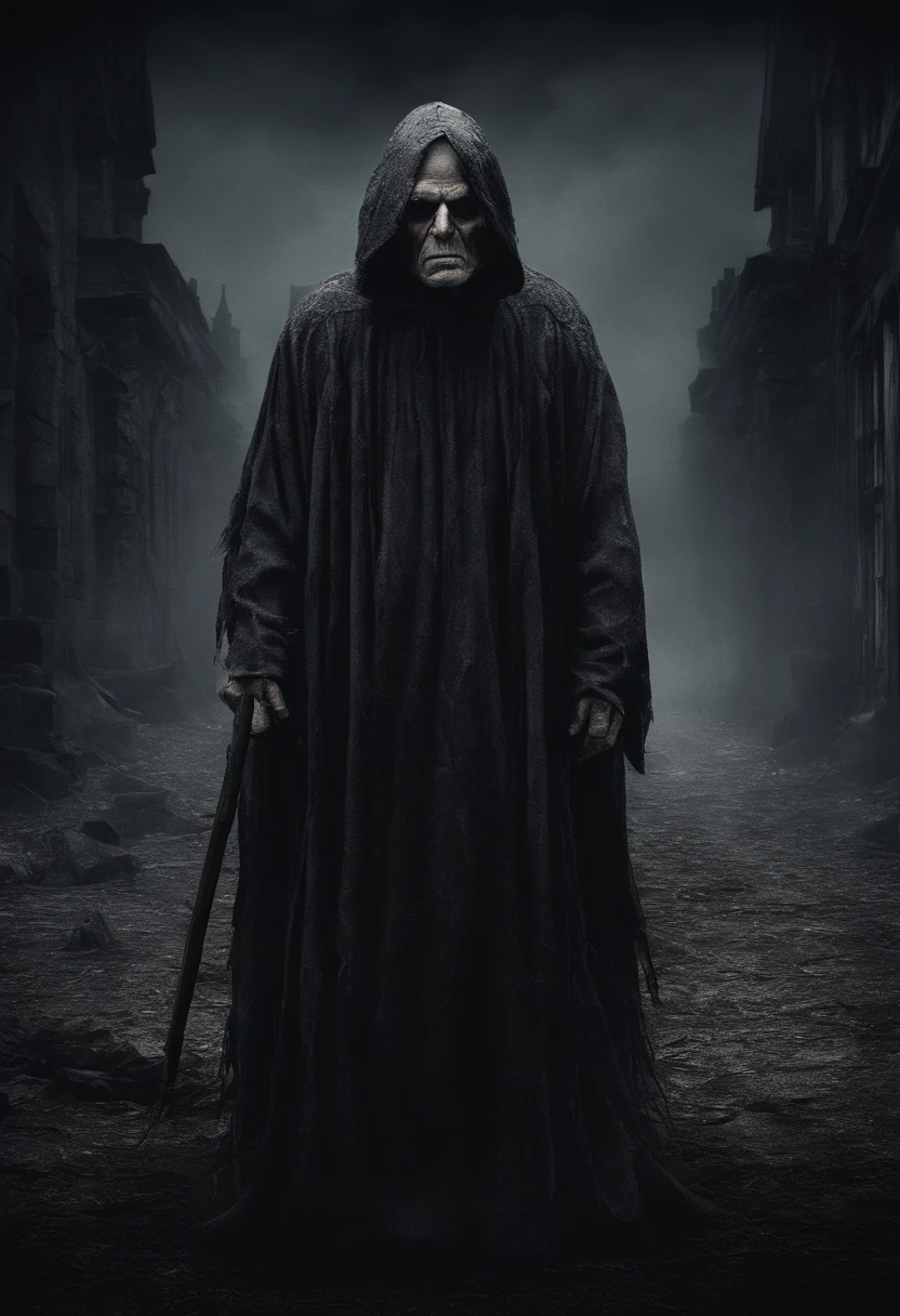very old man, looks like a corpse, half of his face deformed, angry look, short gray hair, pale wrinkled skin, yellow pupil, hunched posture, penetrating and evil look, long black cloak, torn clothes, cloak of raven feathers on the back, left side of the body covered with bands and hood, dark place, horror, fear, scary, suspense, mysterious, horror film