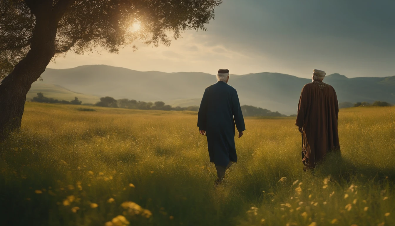an old man walking through a meadow with a man. Both dressed in Hebrew tunics., Cinematic, 4k, Global Illumination, SFX --ar 16:9