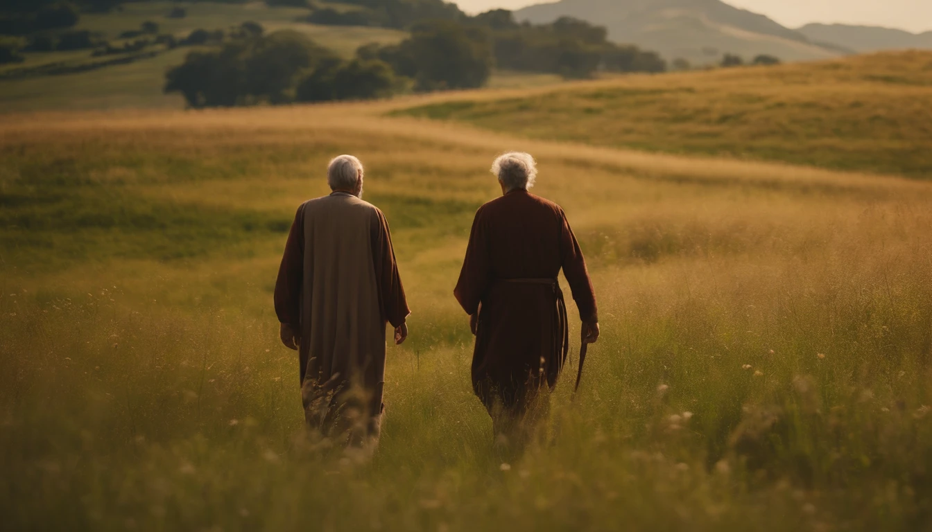 an old man walking through a meadow with a man. Both dressed in Hebrew tunics., Cinematic, 4k, Global Illumination, SFX --ar 16:9