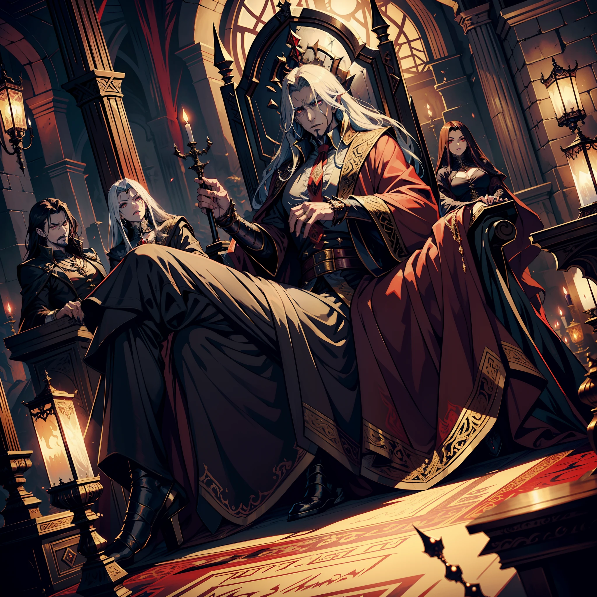 Castlevania Lord of Shadows hyper realistic super detailed scary Lord Dracula sitting in his big throne with his legendary Moroccan princesses Read large scrolls with a red angry expression bright eyes face hyper realistic portrait super detailed Dynamic shot centerpiece cinematic scene scenes movie Epic Legendary